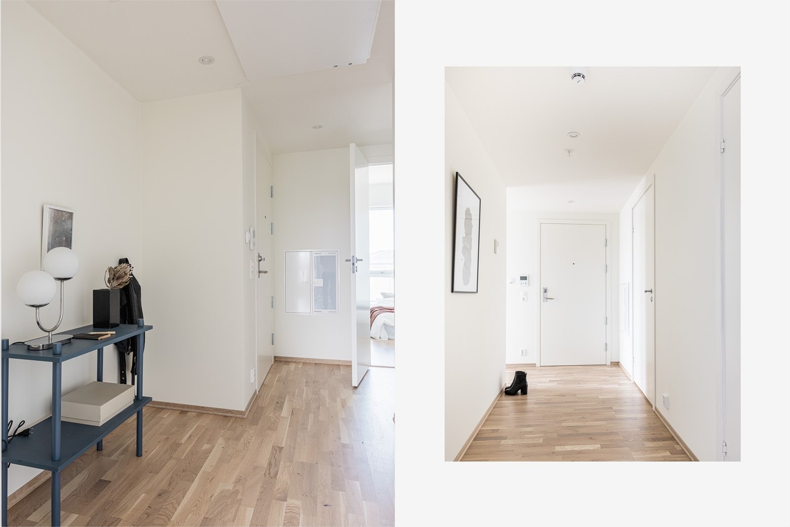 Leiligheten har en lys entré, med plass til å henge fra seg yttertøy. Dørcalling med åpner gjør det enkelt å slippe inn gjester fra bakkeplan, og heisen tar deg enkelt helt opp til etasjeplan. Galleribilde