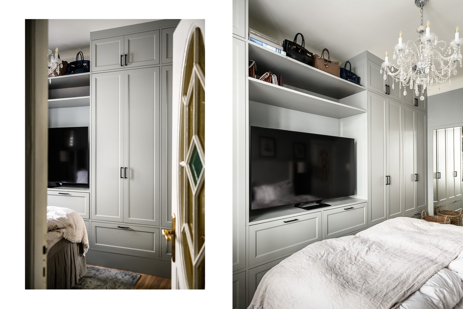 En omfattende garderobeløsning langs den ene veggen gir svært gode oppbevaringsmuligheter. Møbelet har både skap, skuffer og hyller, samt en egen nisje i midten til for eksempel TV. Galleribilde