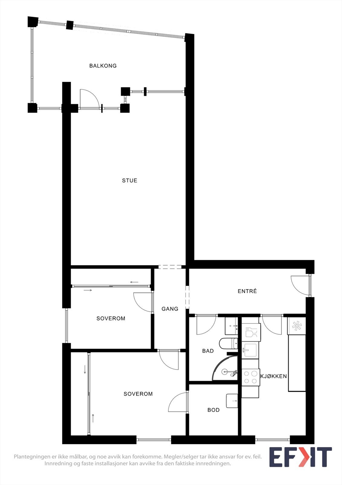 Leiligheten har en tradisjonell og praktisk planløsning med to soverom og separat kjøkken. Galleribilde