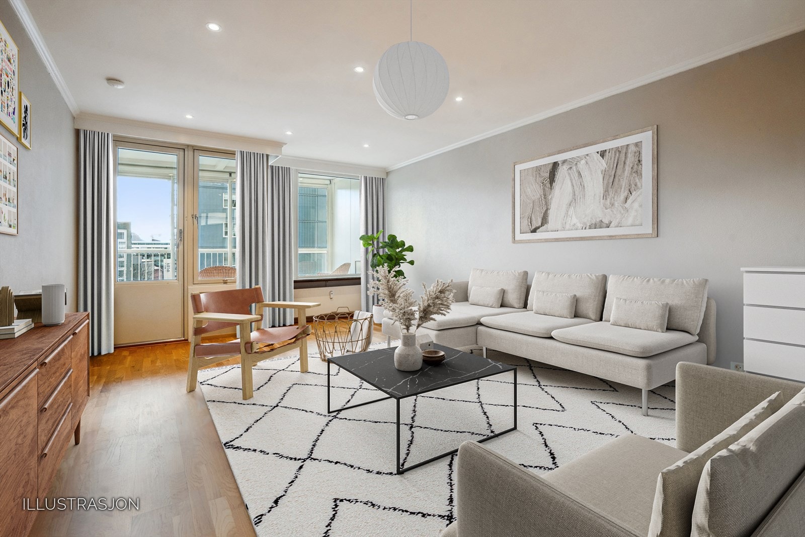 Stueveggen mot Fjøsangerveien er ekstra isolert, og rommet har nedsenket himling med spotter. (Digitalt møblert) Galleribilde