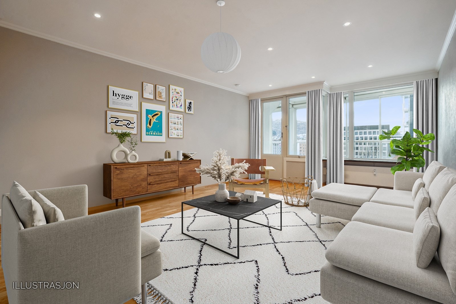 Stuen på nesten 22 m² har god plass til sofagruppe og spisebord. Utgang til innglasset altan. Oppvarming via radiator. (Digitalt møblert) Galleribilde