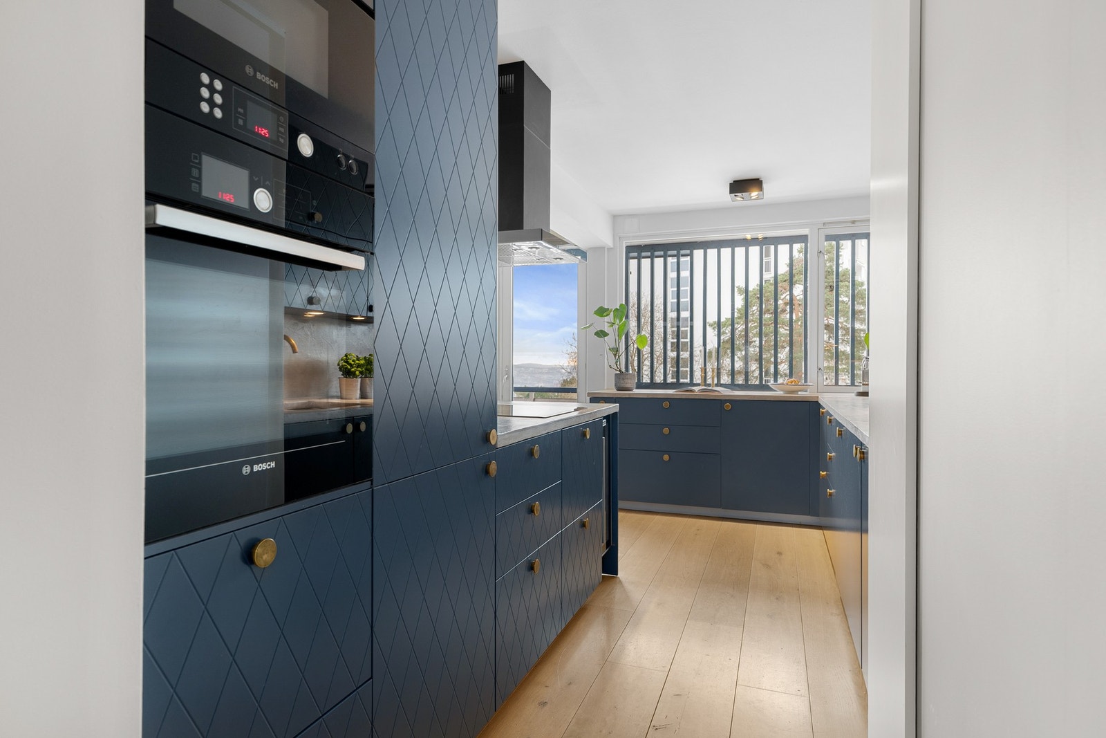 Hvitevarene er integrert i innredningen og består av induksjonstopp med takhengt ventilator, stekeovn, mikrobølgeovn, oppvaskmaskin, samt kjøleskap med fryser. Galleribilde