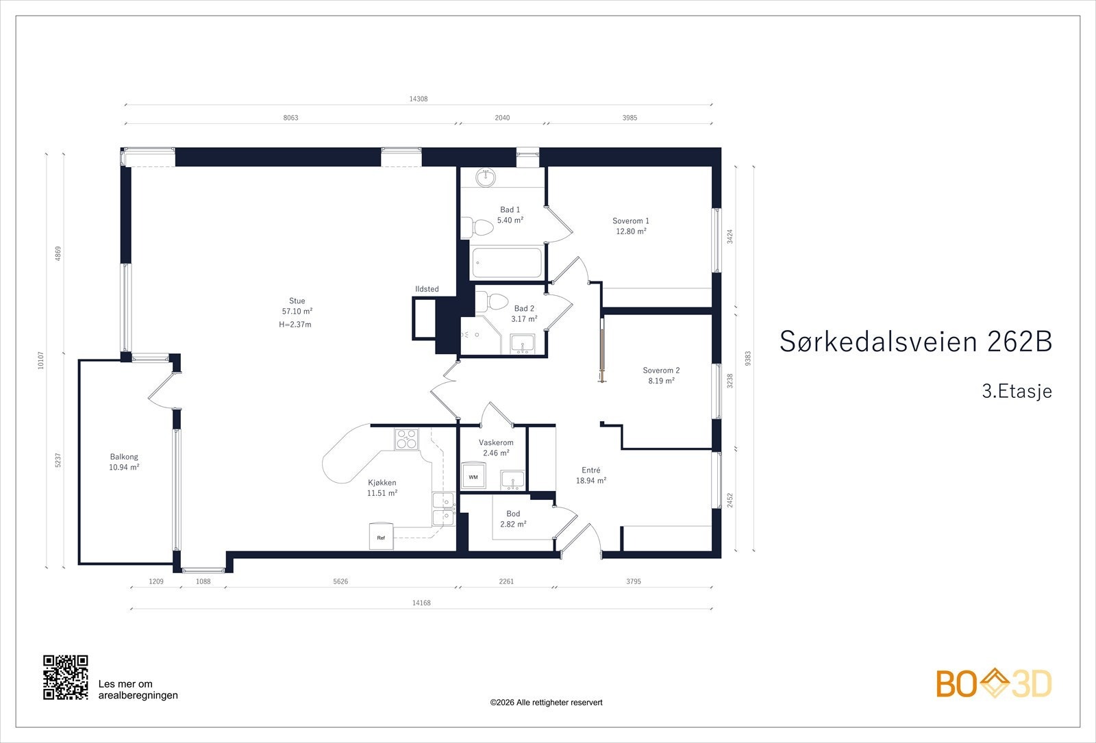3. etasje, BRA-i 128 m²: Entré/gang (deler av entréen er opprinnelig soverom 3) , innvendig bod, stue, kjøkken, to soverom, to bad/wc og vaskerom Galleribilde