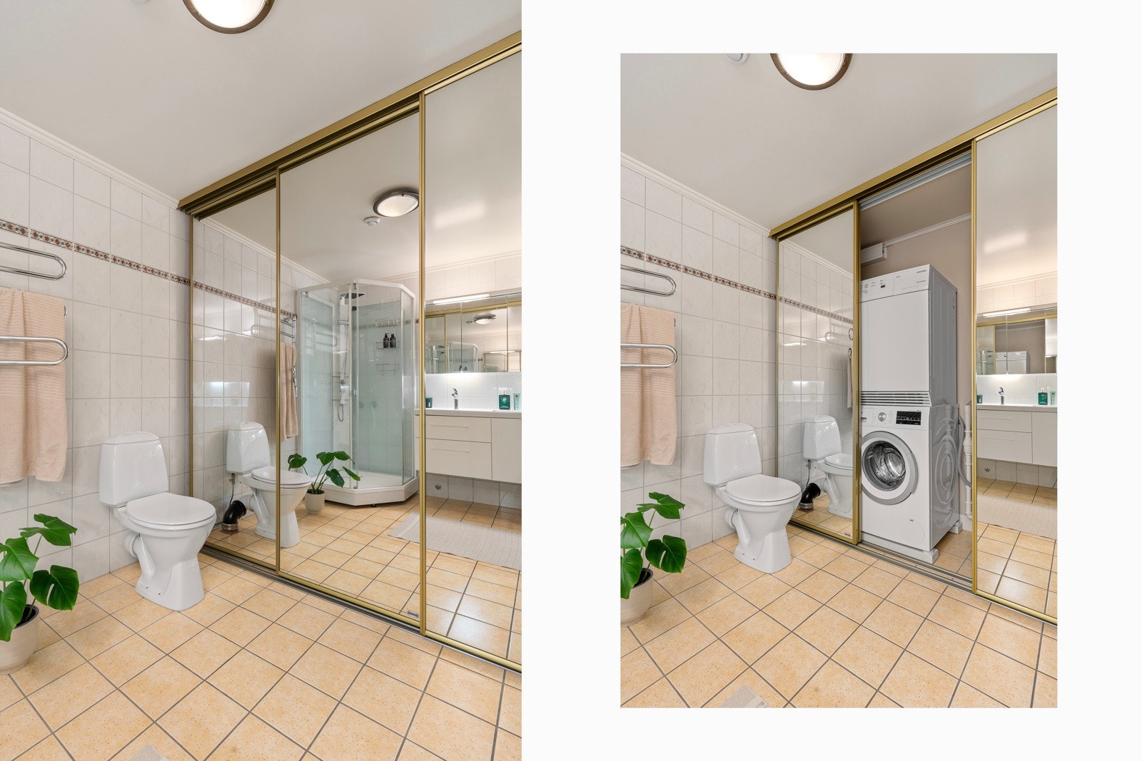 Skyvedører med speil som skjuler vaskemaskin og tørketrommelen. Her er det også oppbevaringsplass.