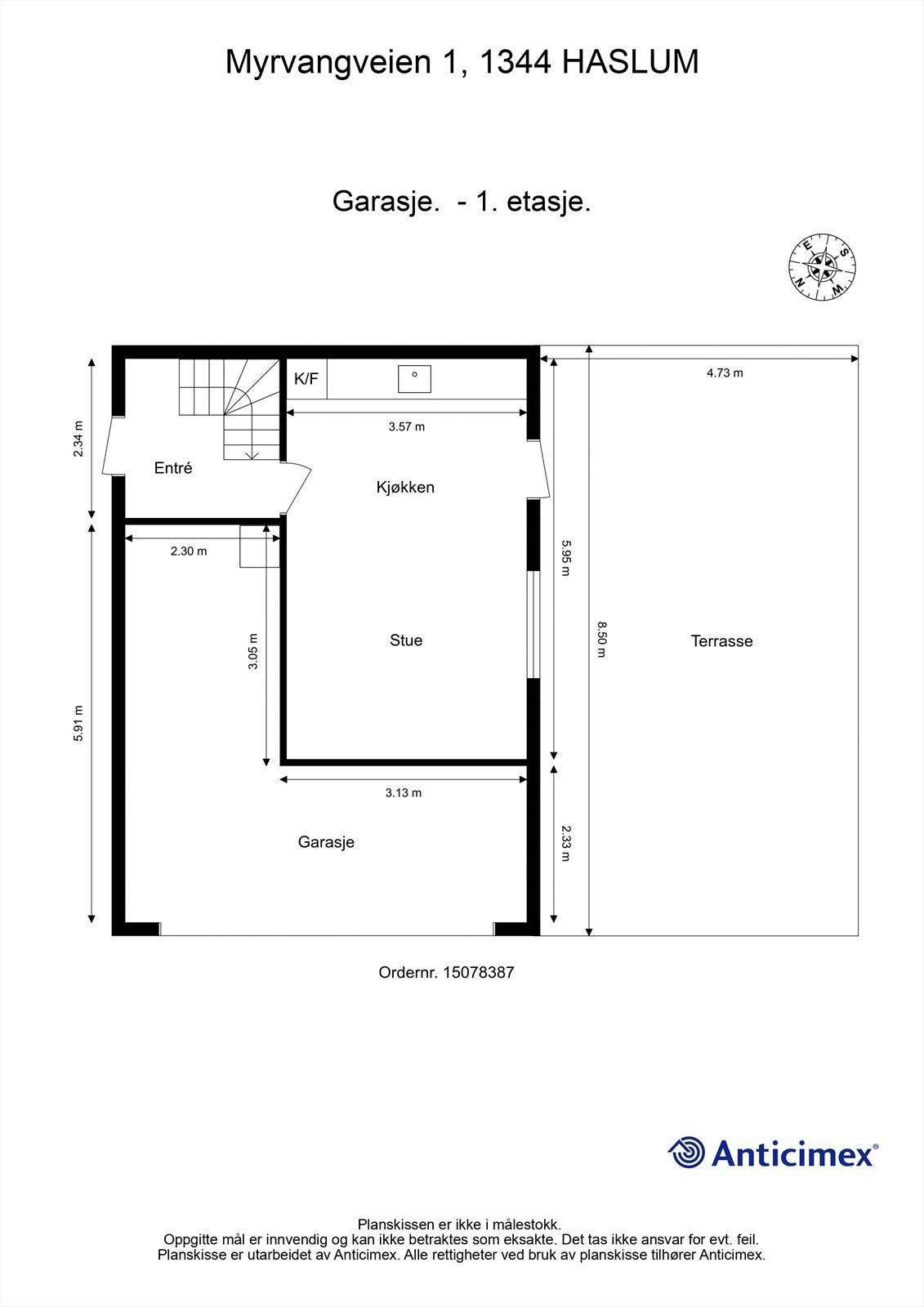Plantegning Garasje. - 1. etasje. Plass til bil, forvaring, Uterom og inngang garasjehybel. (Garasjen er ikke godkjent til varig opphold) Galleribilde