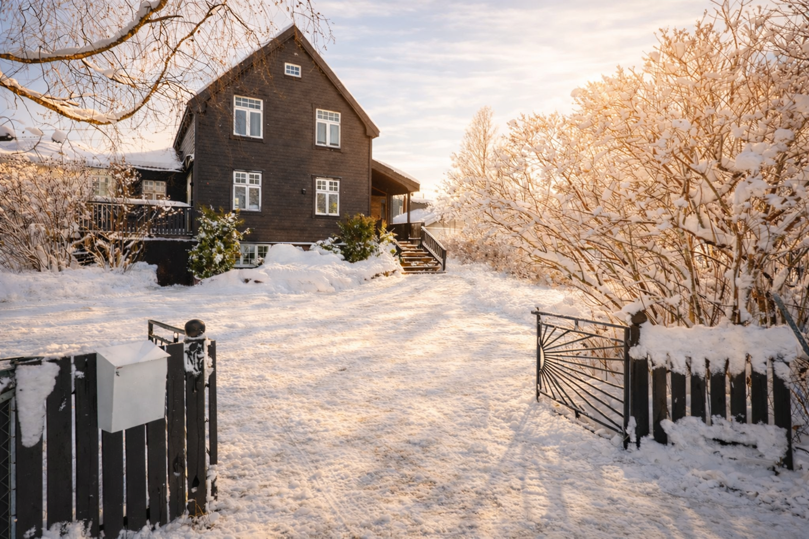 Eiendommen har en stor asfaltert innkjørsel med fin håndlaget "solport" i smide. Galleribilde