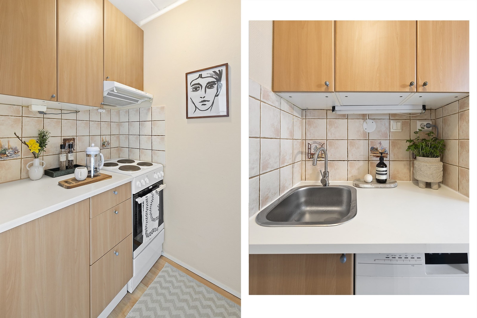 Kjøkkenet er utstyrt med komfyr, oppvaskmaskin og komfyrvakt for ekstra sikkerhet. Galleribilde