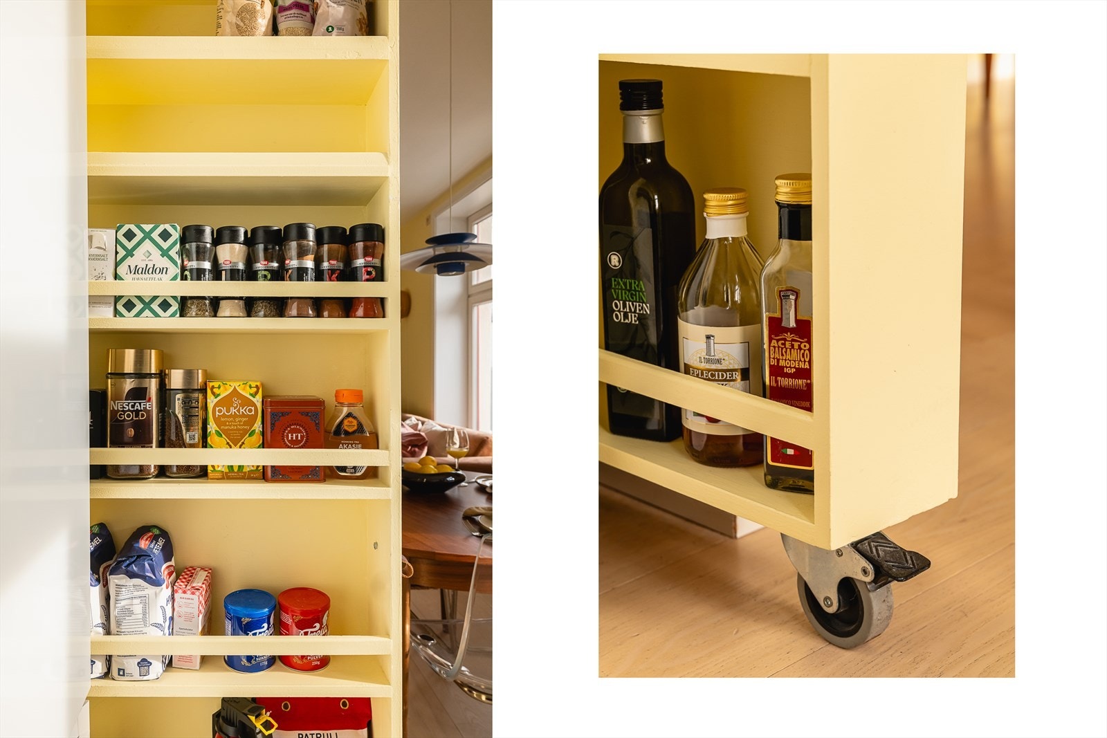 - Ved siden av kjøleskapet er det laget til en praktisk, plassbygd oppbevaringsløsning som enkelt kan trekkes ut ved behov - Galleribilde