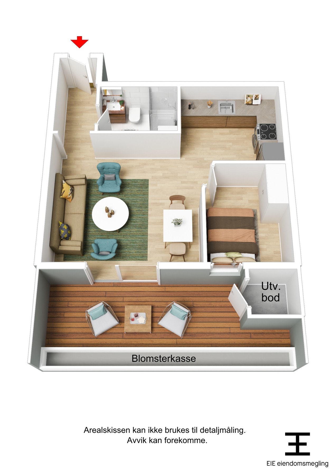 Boligens plantegning i 3D. Med boligen følger en kjellerbod på 2m2. Galleribilde
