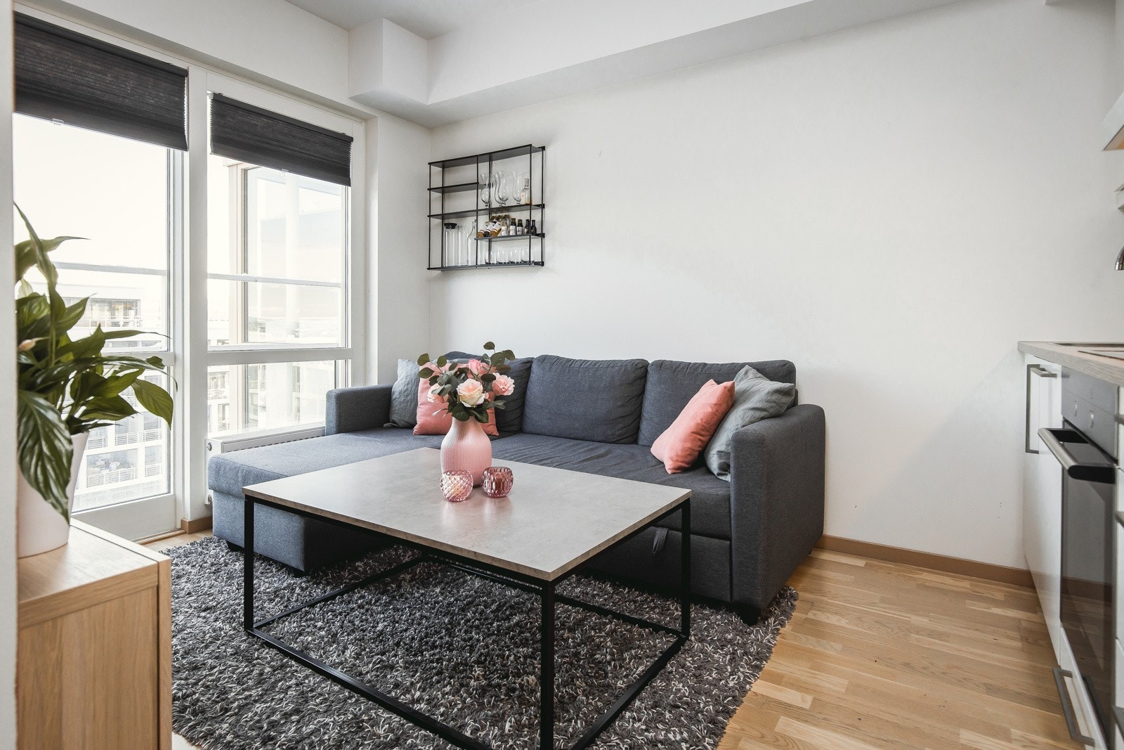 Stue/kjøkkenområde med plass til sofa, sofabord og tv Galleribilde