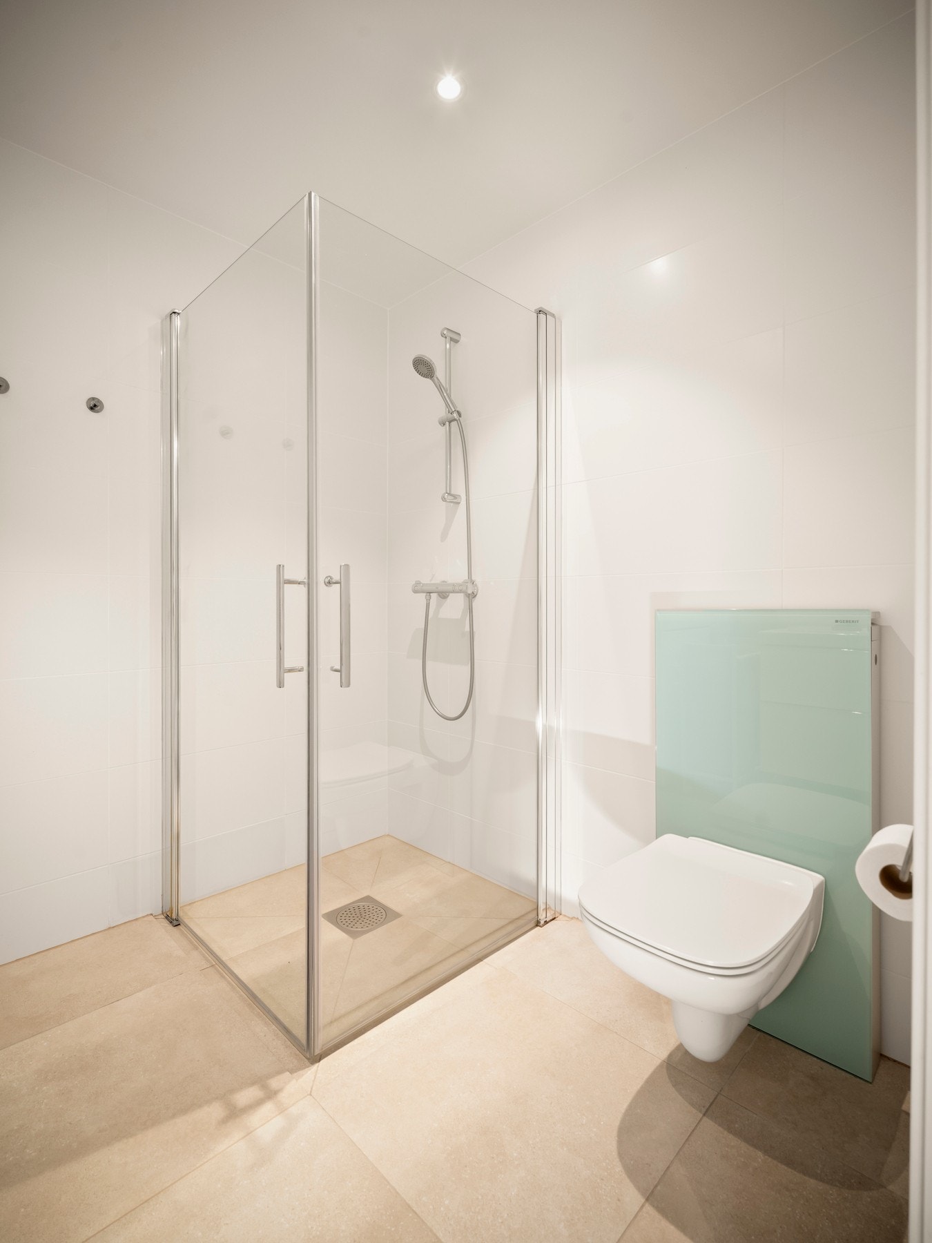 Utstyrt med dusj med glassvegger, servantseksjon med skuffer og heldekkende porslenesvask, speil med lys, vegghengt wc. Galleribilde