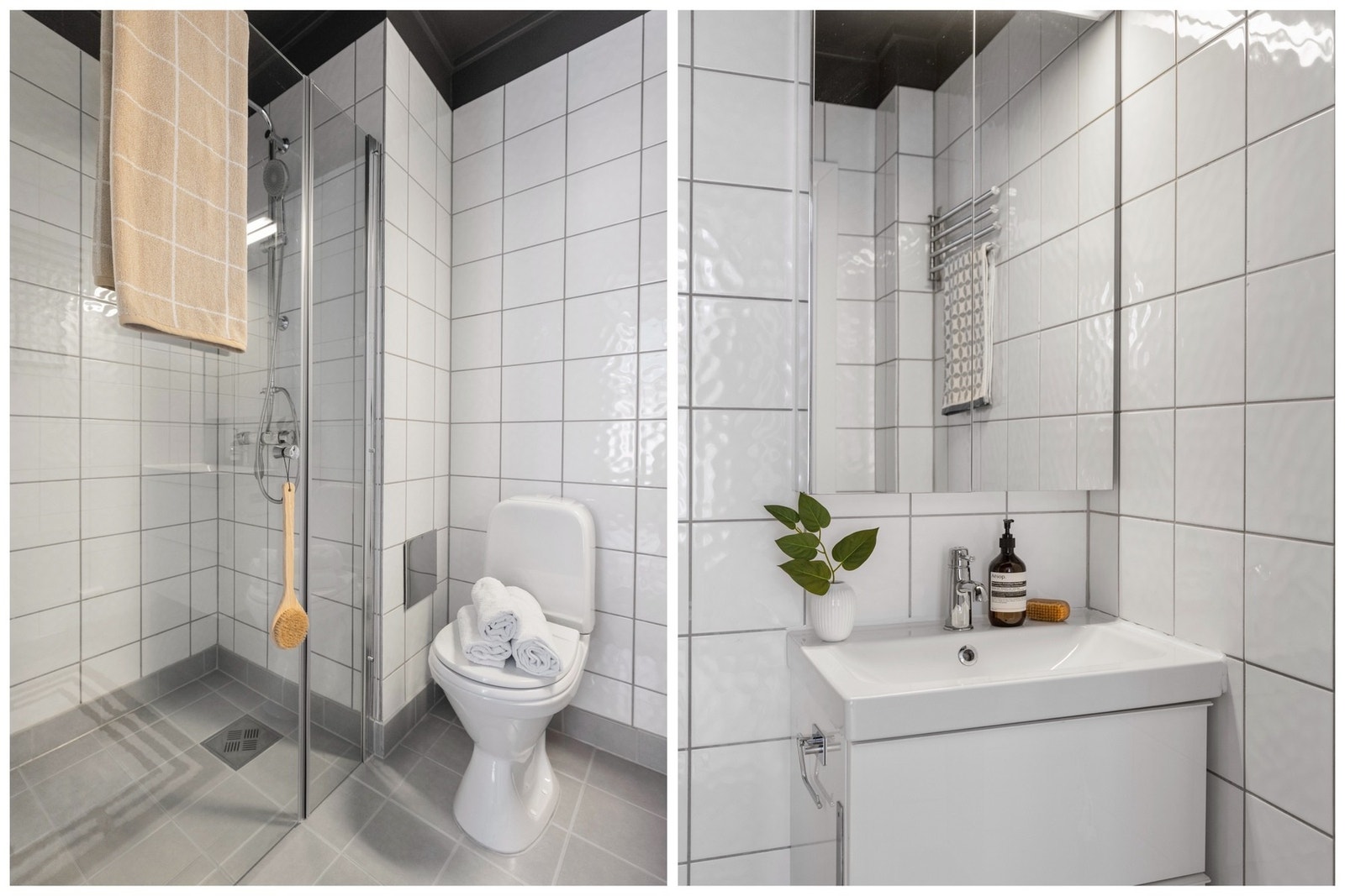 Delikat og flislagt bad som ble oppgradert i 2014, med et moderne og stilrent uttrykk. Rommet fremstår pent oppusset og velholdt, med gjennomgående materialvalg som gir et rent preg. Galleribilde