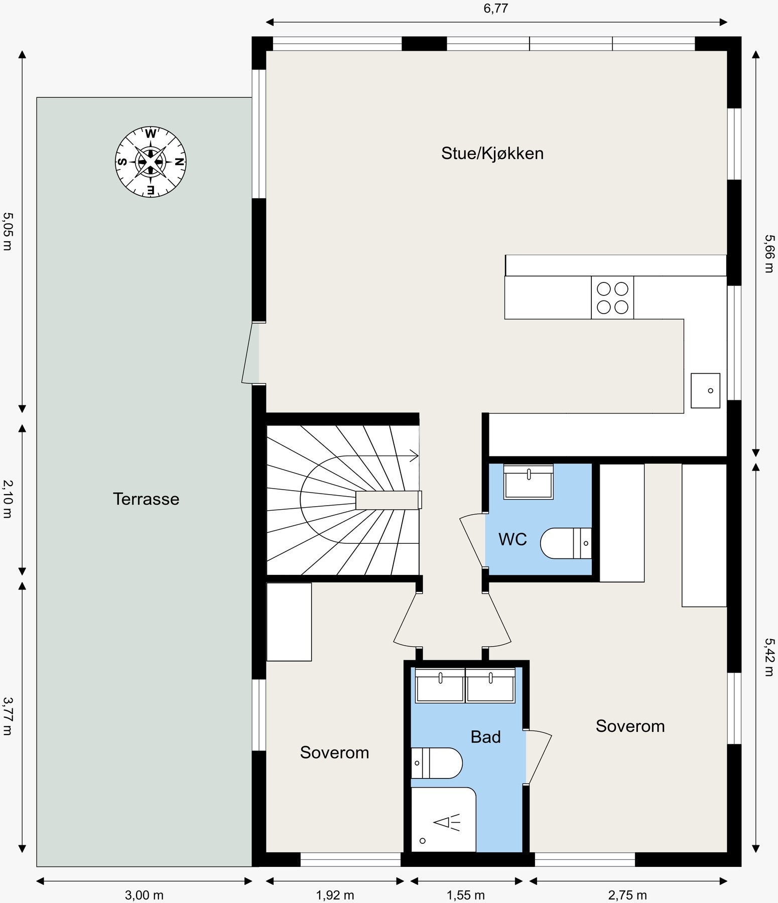 Boligen går over 3 plan og inneholder underetasje, 1. etasje (hovedetasje) og 2. etasje - Plantegning av 1. etasje (hovedetasje) Galleribilde