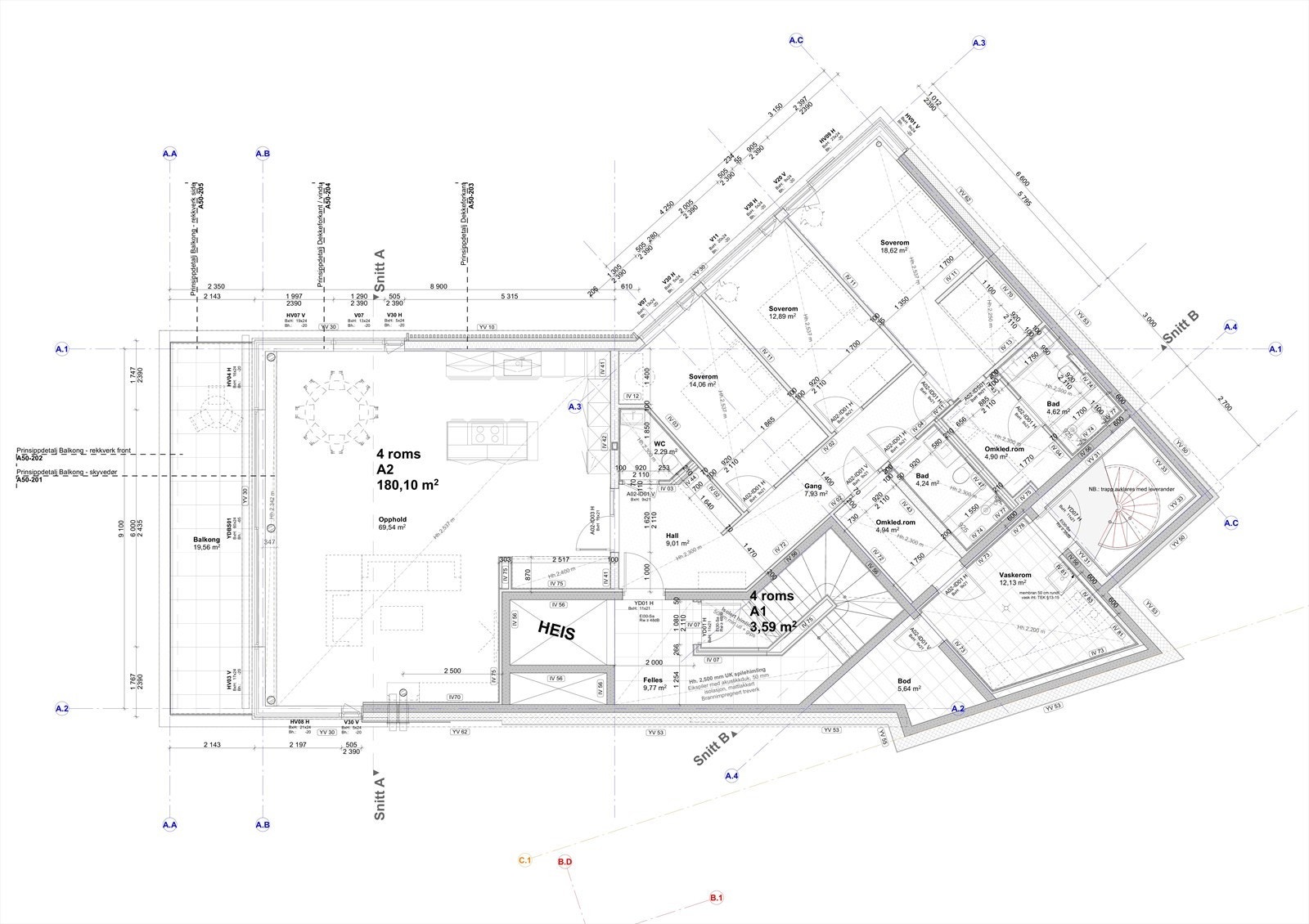 Plantegning leil. A2 med heis, 2 parkeringsplasser, 20 kvm balkong og ca. 50 kvm privat takhage! Ca. 70 kvm. stue, 3 store soverom, 2 bad + gjeste-wc, walk-in og 2 omkledningsrom, samt stort vaskerom og innvendig bod! Ekstern sportsbod disponeres også. Galleribilde