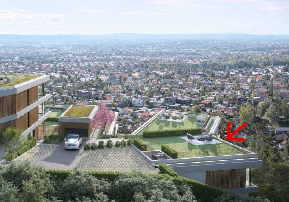 Takhagen til A2 vist med rød pil. Trapp til hagen direkte opp fra leiligheten eller via "Spansketrappen" mellom byggene. (Illustrasjonsbilde - forbehold om avvik) Galleribilde