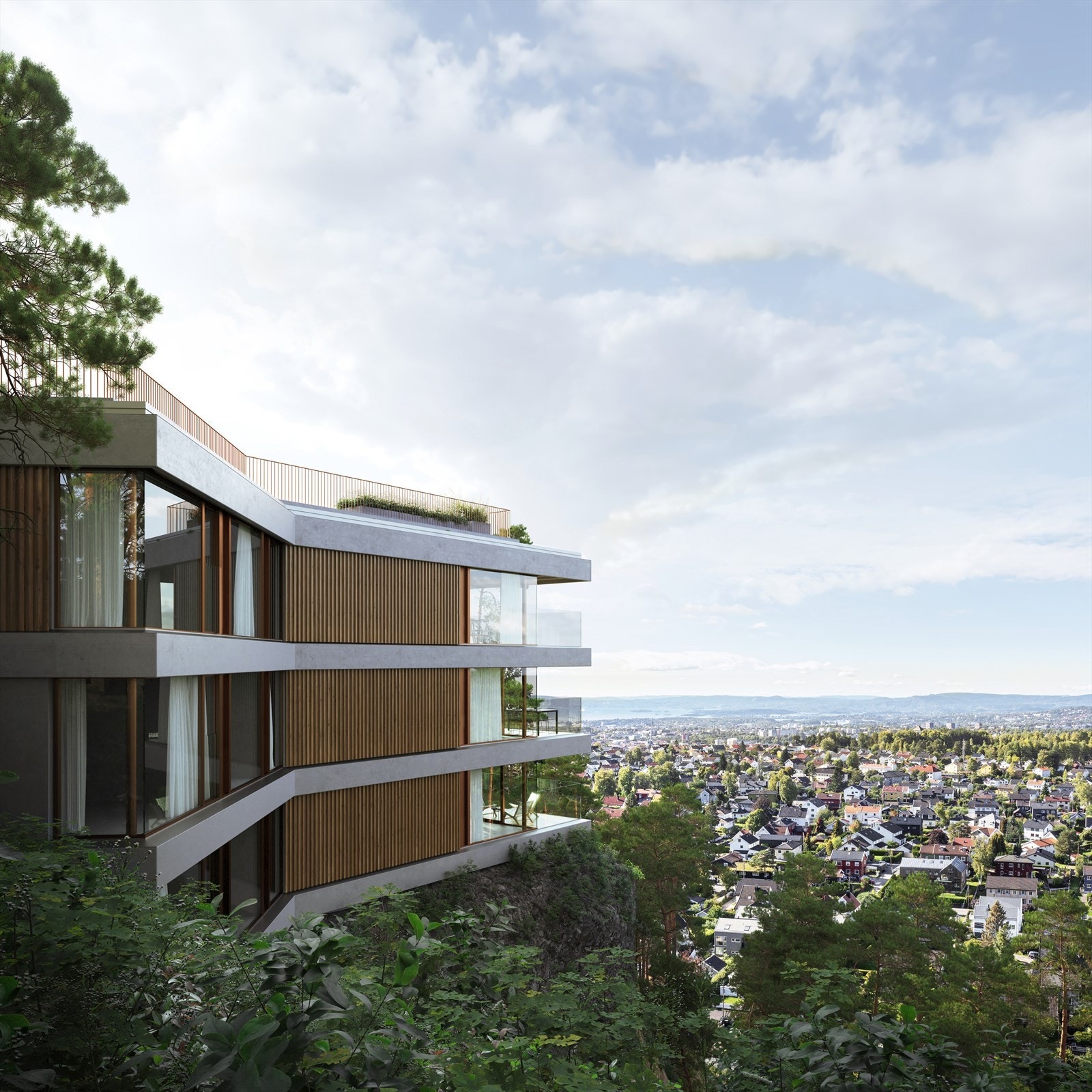 Flott fasade med store vindusflater mot utsikten også fra alle soverommene! Leilighet A2 ligger i midterste etasje (Illustrasjonsbilde - forbehold om avvik) Galleribilde