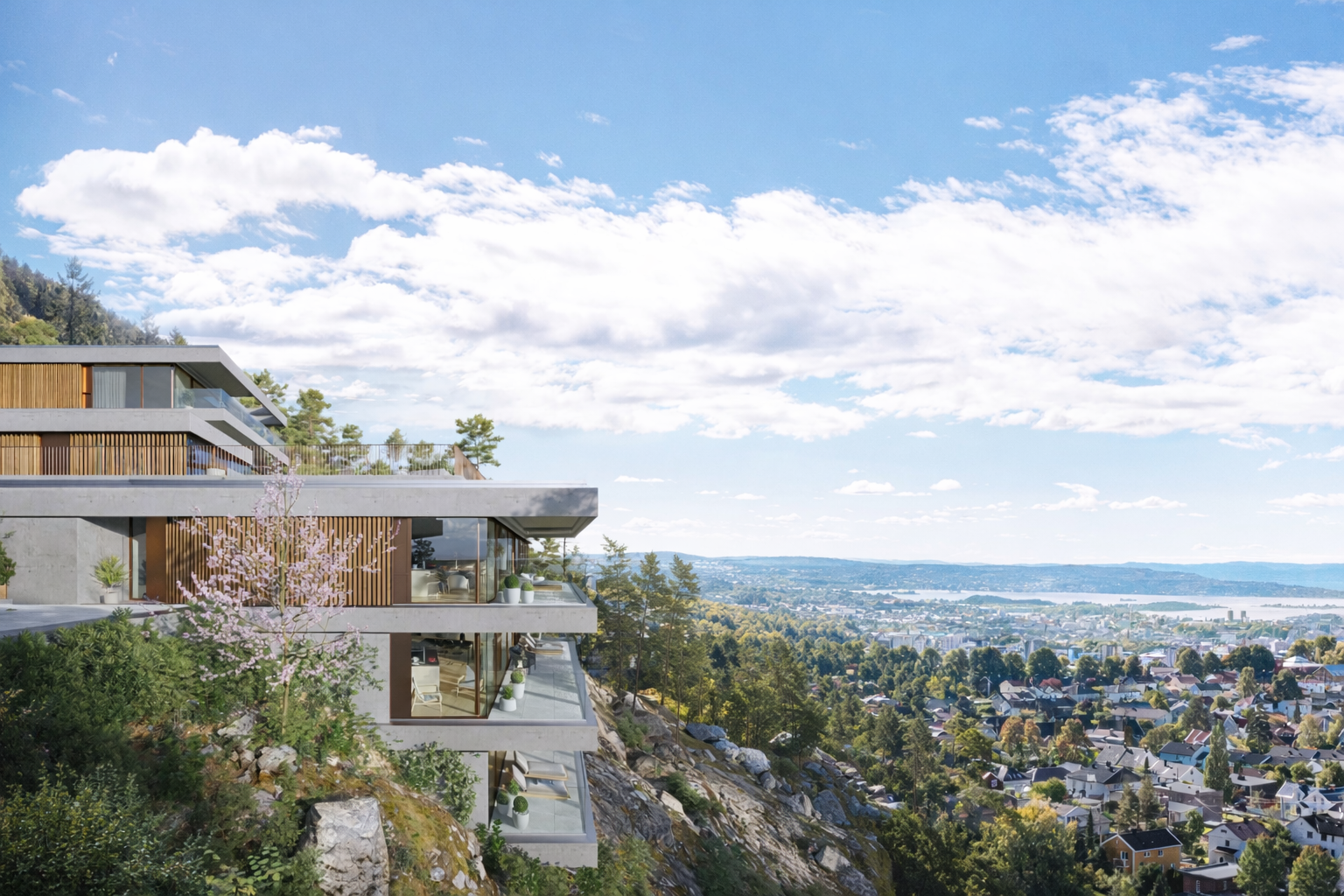Prosjektet ligger pent plassert inn i fjellet - bokstavelig talt helt ytterst på pynten i Grefsenåsen - der utsikten vil kunne ta pusten fra deg! (Illustrasjonsbilde - forbehold om avvik) Galleribilde