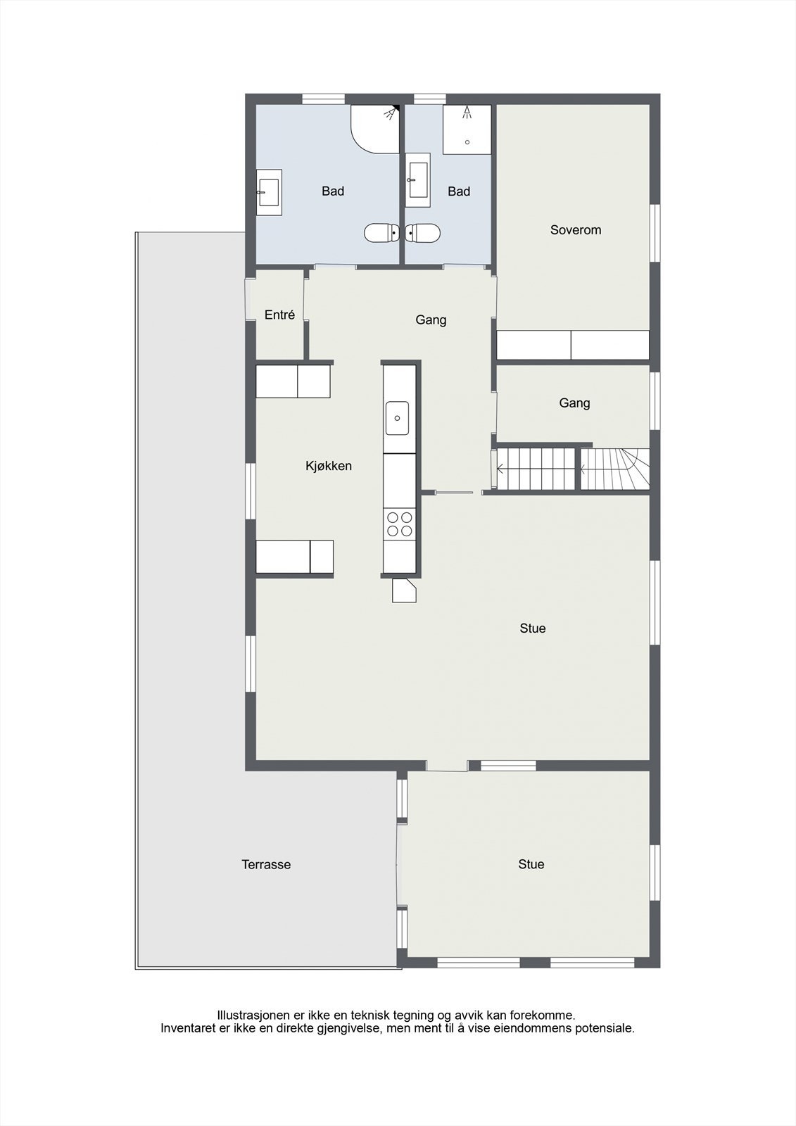 Vi starter i første etasje, som har en funksjonell planløsning med stue, kjøkken, ett soverom og to bad. Galleribilde