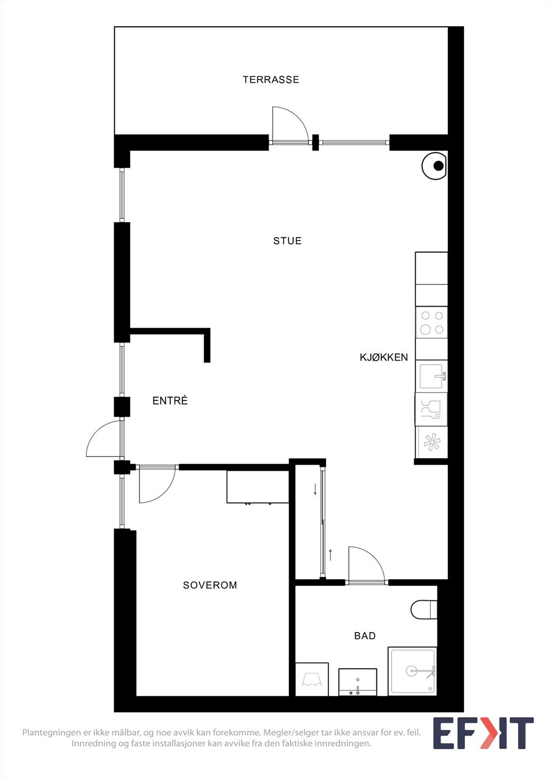 Leiligheten har en arealeffektiv planløsning med åpen stue- og kjøkkenløsning, ett soverom og bad. Galleribilde