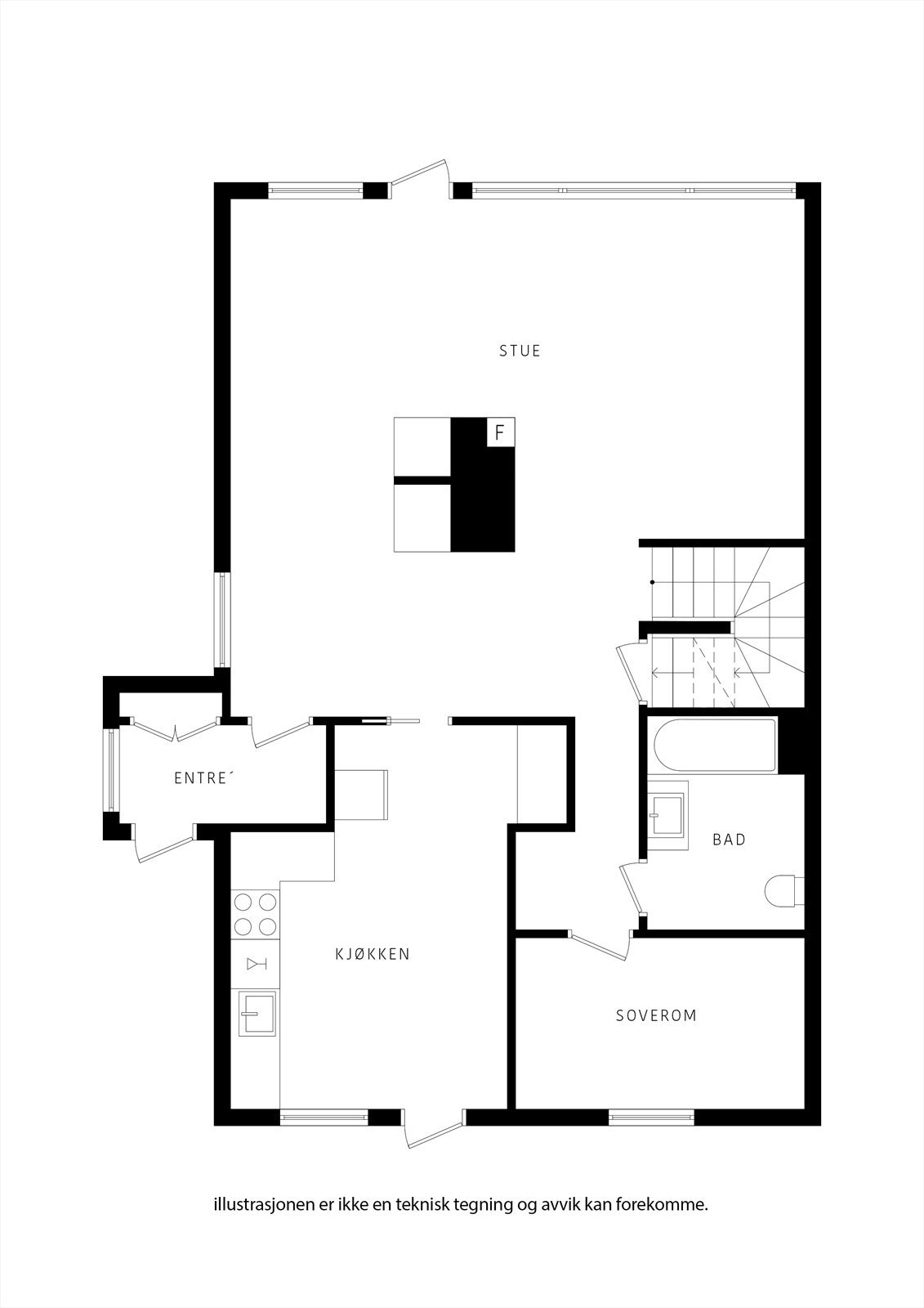 Hovedplan med alt på 1 plan. Bonusetasje oppe m/3 soverom, stue og bad, samt komplett kjeller m/eget kjøkken og bad. Galleribilde