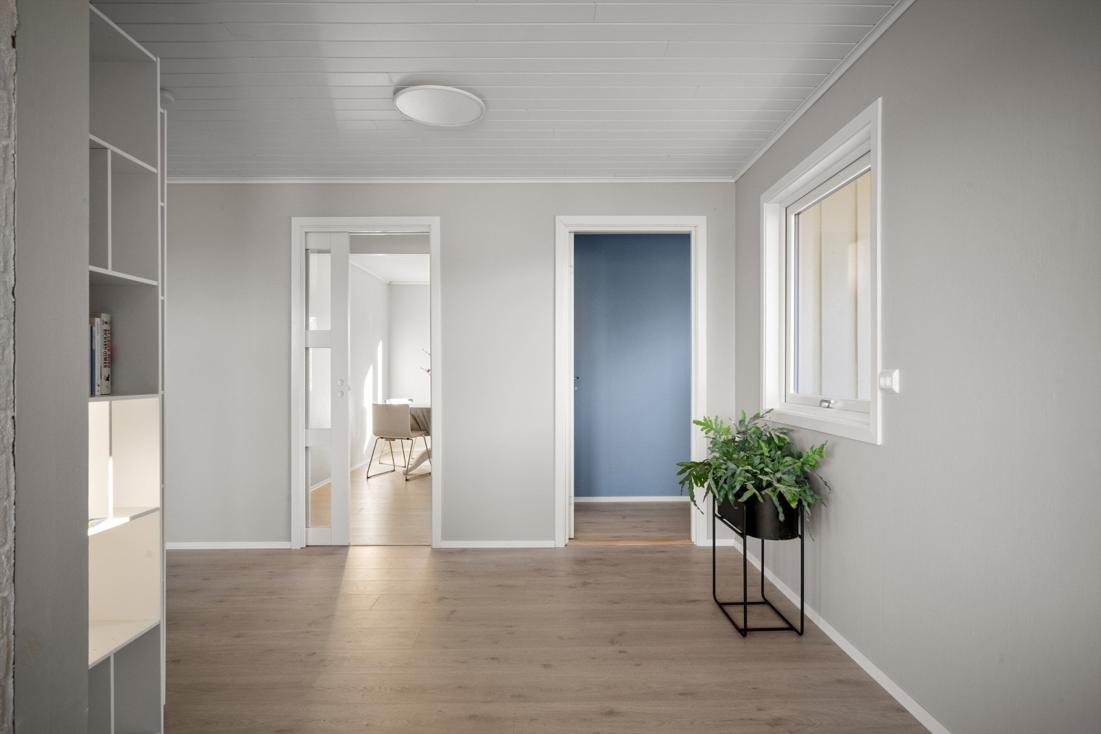 Eget avlukket kjøkken med skyvedør med glass som lar lyset komme gjennom. Rikelig med veggplass for kommoder, reoler og annen møblering. Dør til gang kan også lukkes. Galleribilde