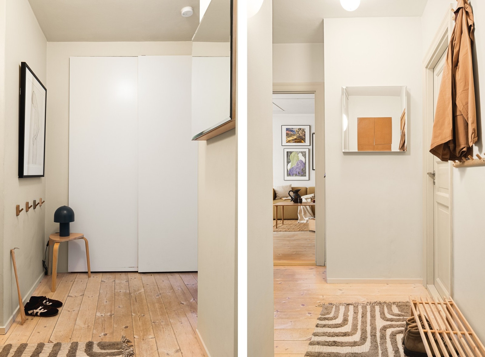 Her har du en skyvedørsgarderobe for oppbevaring av yttertøy. Galleribilde