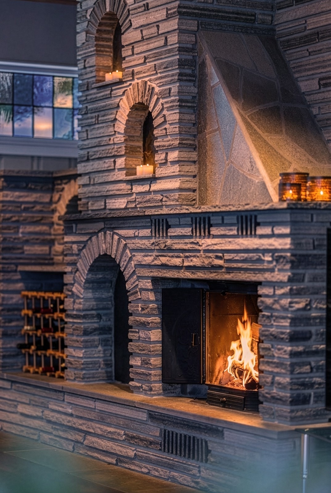 Detaljer i skiferstein på peisen fremhever håndverket. Galleribilde