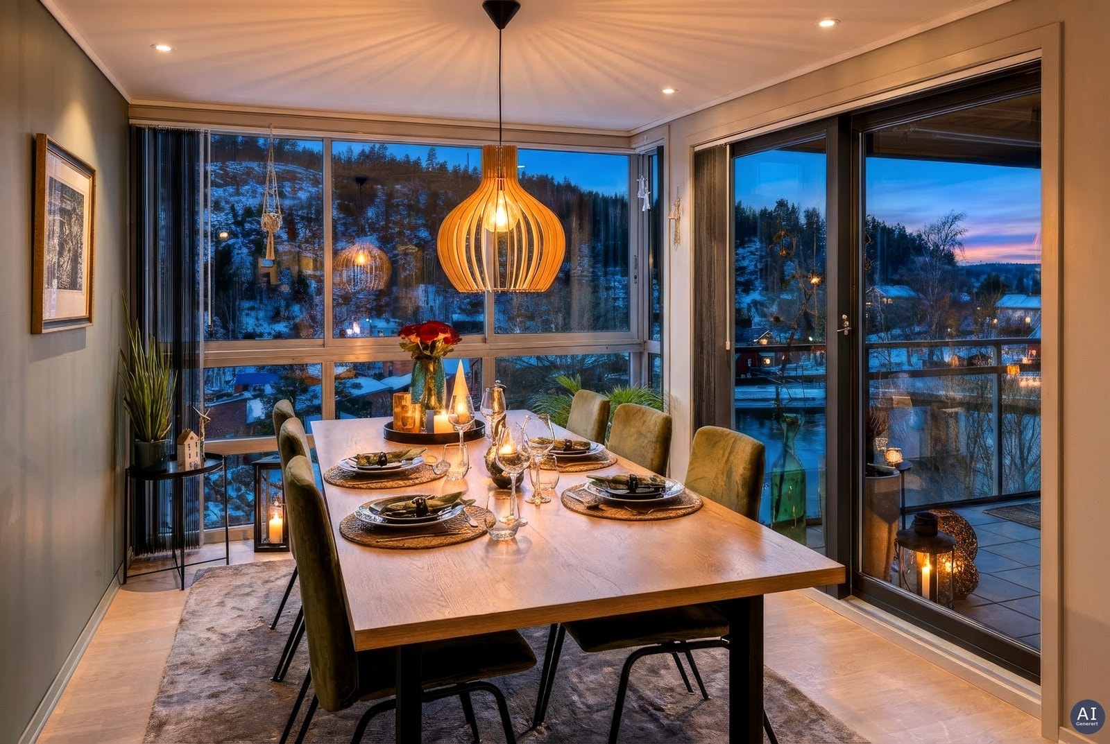 I spisestua er det vinduer fra gulv til tak, samt utgang til veranda. Flott utsikt! Galleribilde