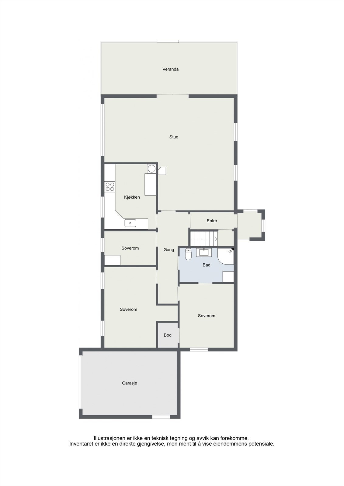 Hovedetasjen har en arealeffektiv planløsning som rommer stue, kjøkken, tre soverom og bad. Galleribilde