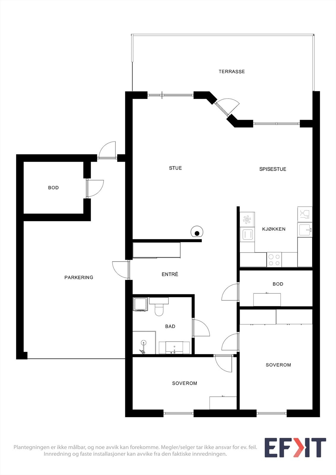 Boligen har en arealeffektiv planløsning på ett plan som rommer stue, kjøkken, to soverom og bad. Galleribilde
