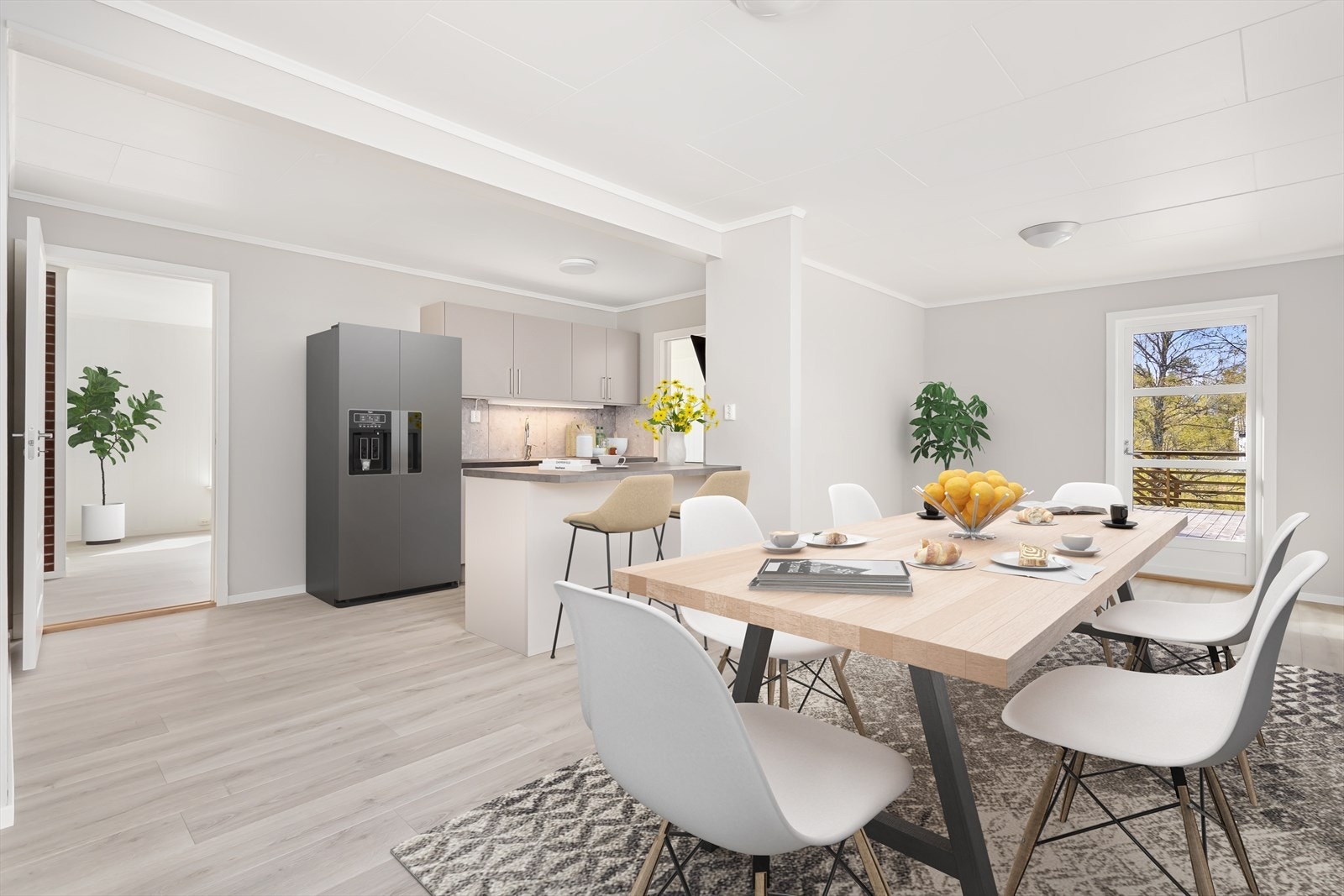 Boligen har en stort kjøkken med god plass til et stort spisebord. (Bildet er digitalt stylet) Galleribilde