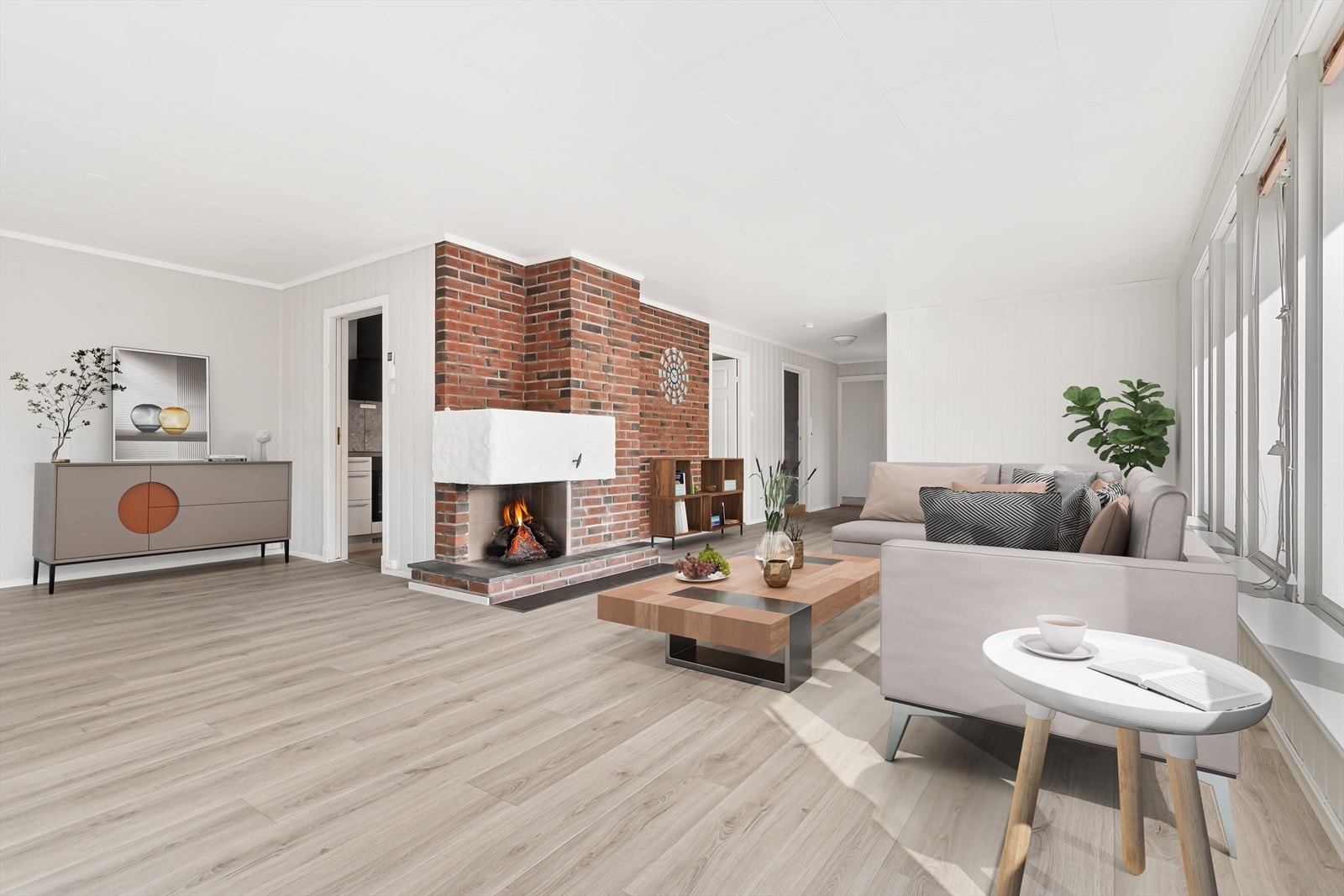 Stuen er lys og luftig med store vindusflate som slipper inn godt med naturlig dagslys. (Bildet er digitalt stylet) Galleribilde