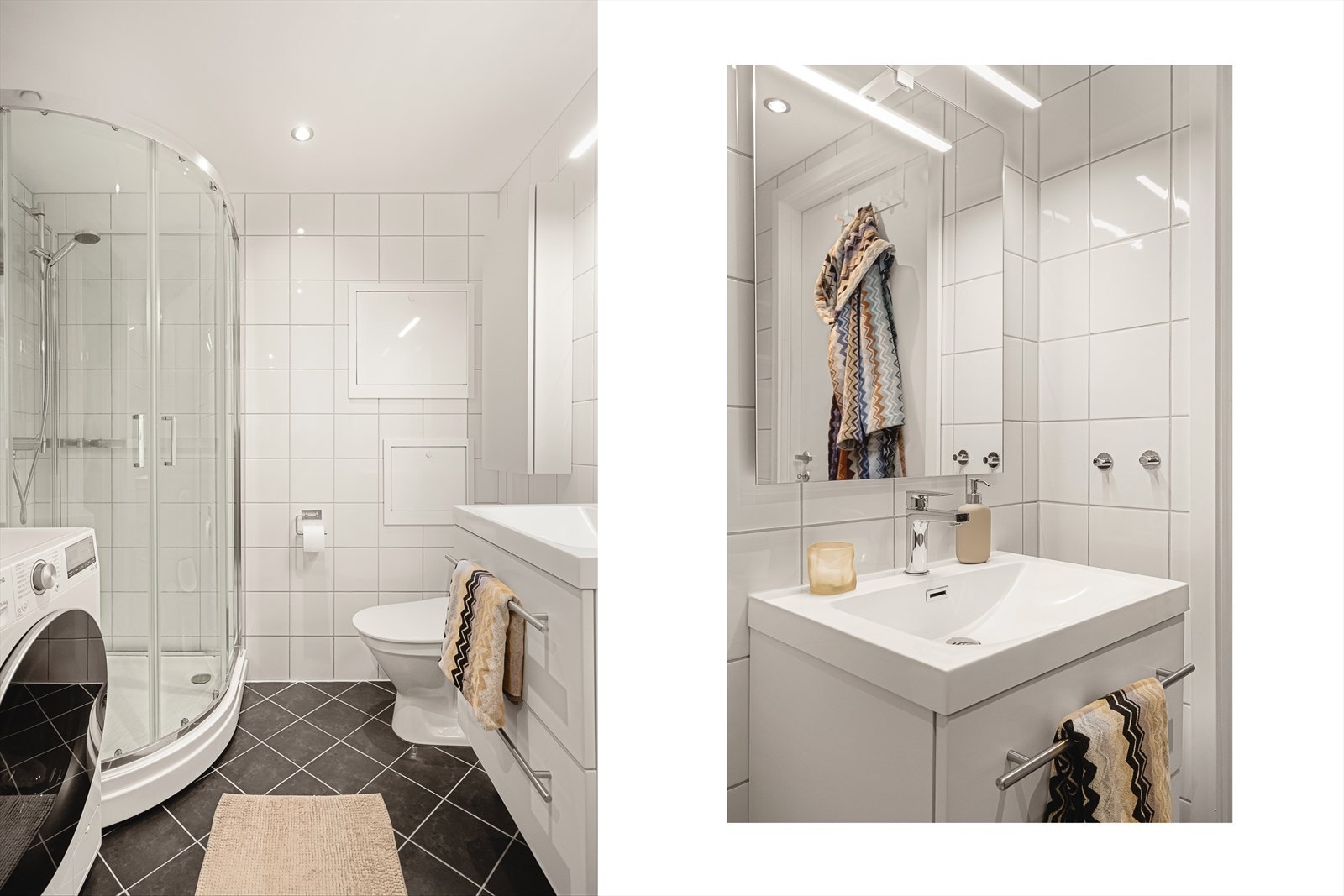 Badet er lyst og velholdt, og er utstyrt med dusjkabinett, varmekabler i gulvet og opplegg for vaskemaskin. Galleribilde