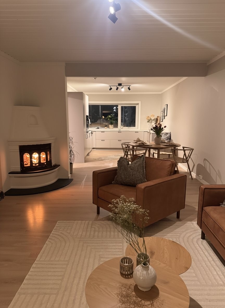 Lysinnslipp fra både kjøkken og stue. Galleribilde