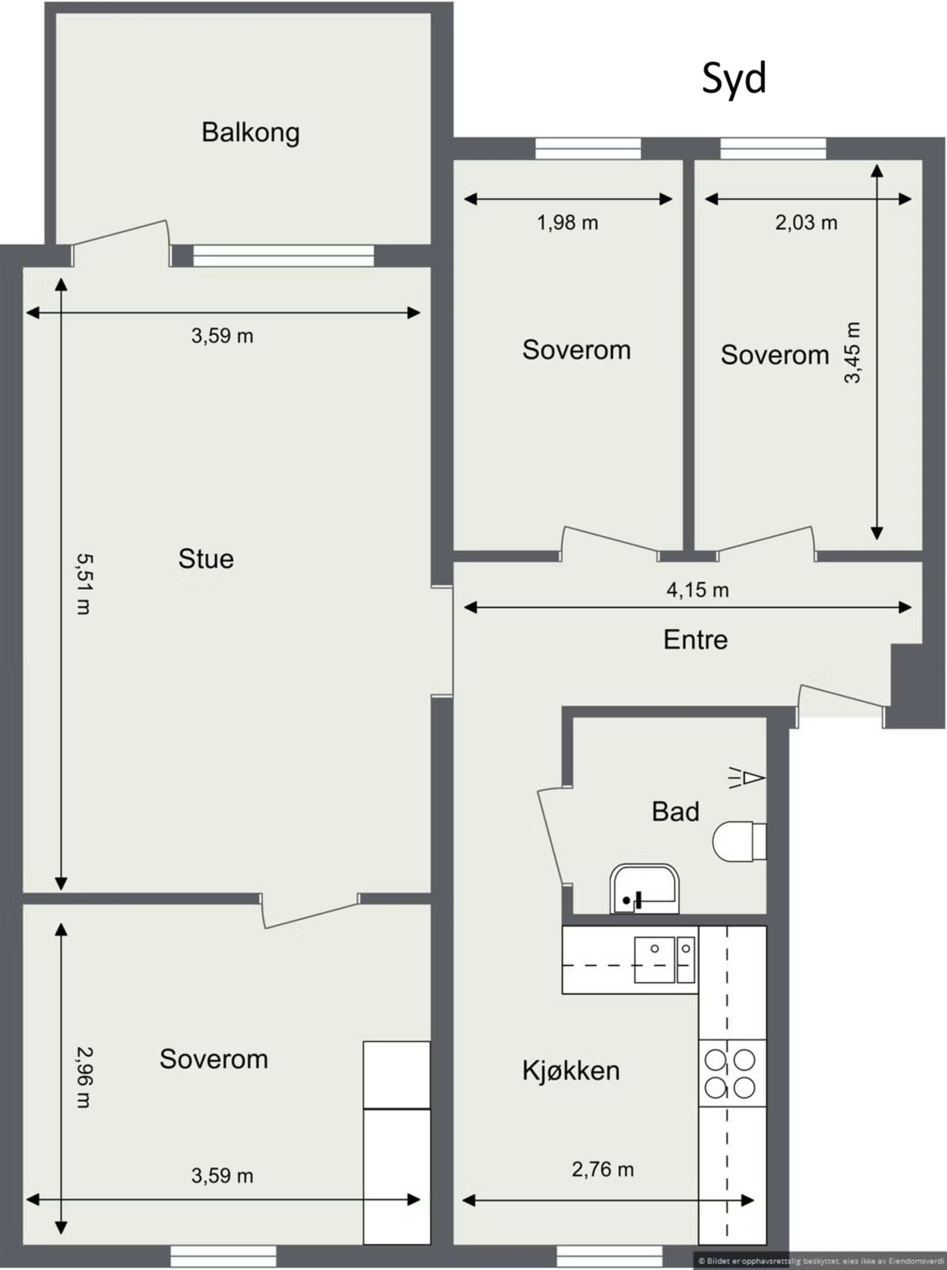 Plantegning. Leiligheten disponerer kjellerbod på 3,6 m2 og loftsbod med gulvareal på ca. 10 m2. Galleribilde