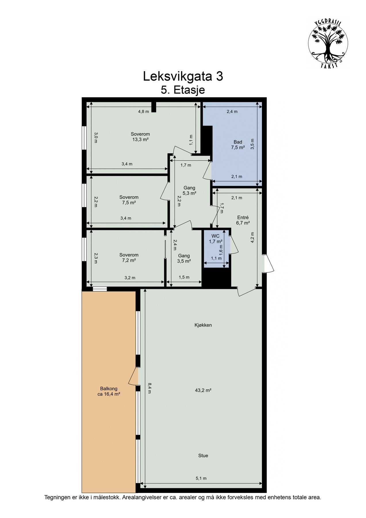 Leiligheten ligger i toppetasjen. Legg spesielt merke til den store stuen. Takhøyden på soverom og stue er som nevnt på 3 meter. Galleribilde