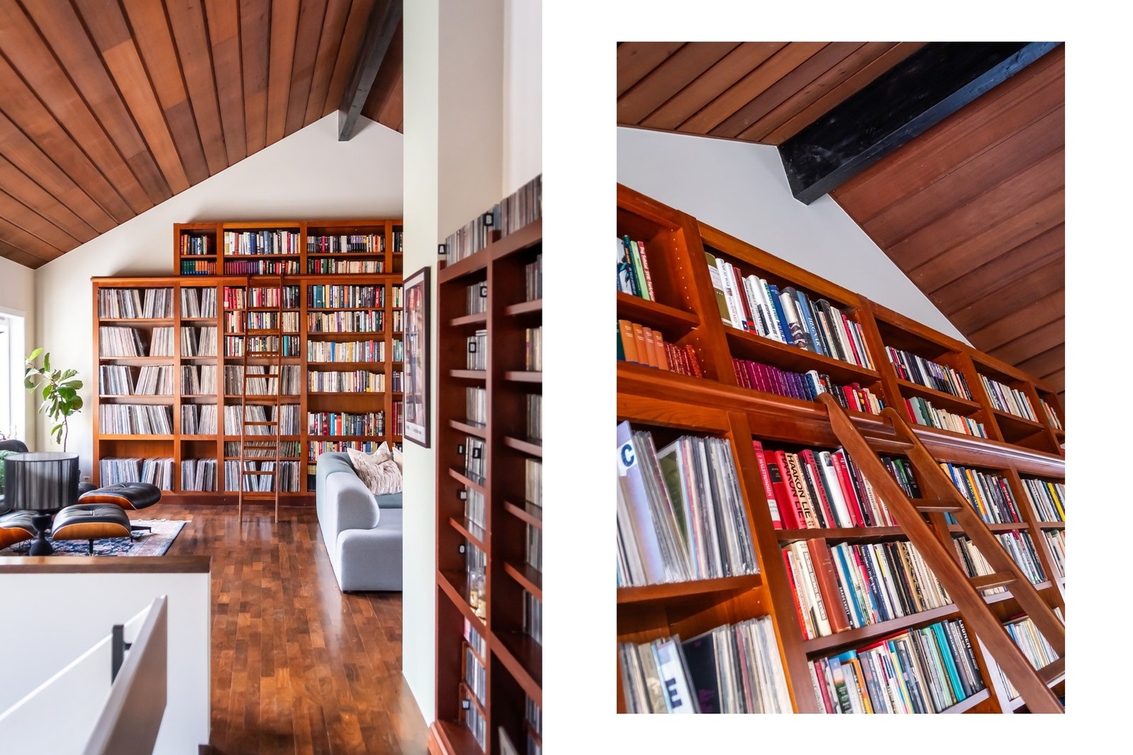 Massiv spesiallaget bokhylle som går nesten opp til taket i andre etasje med egen stige i tre. Galleribilde