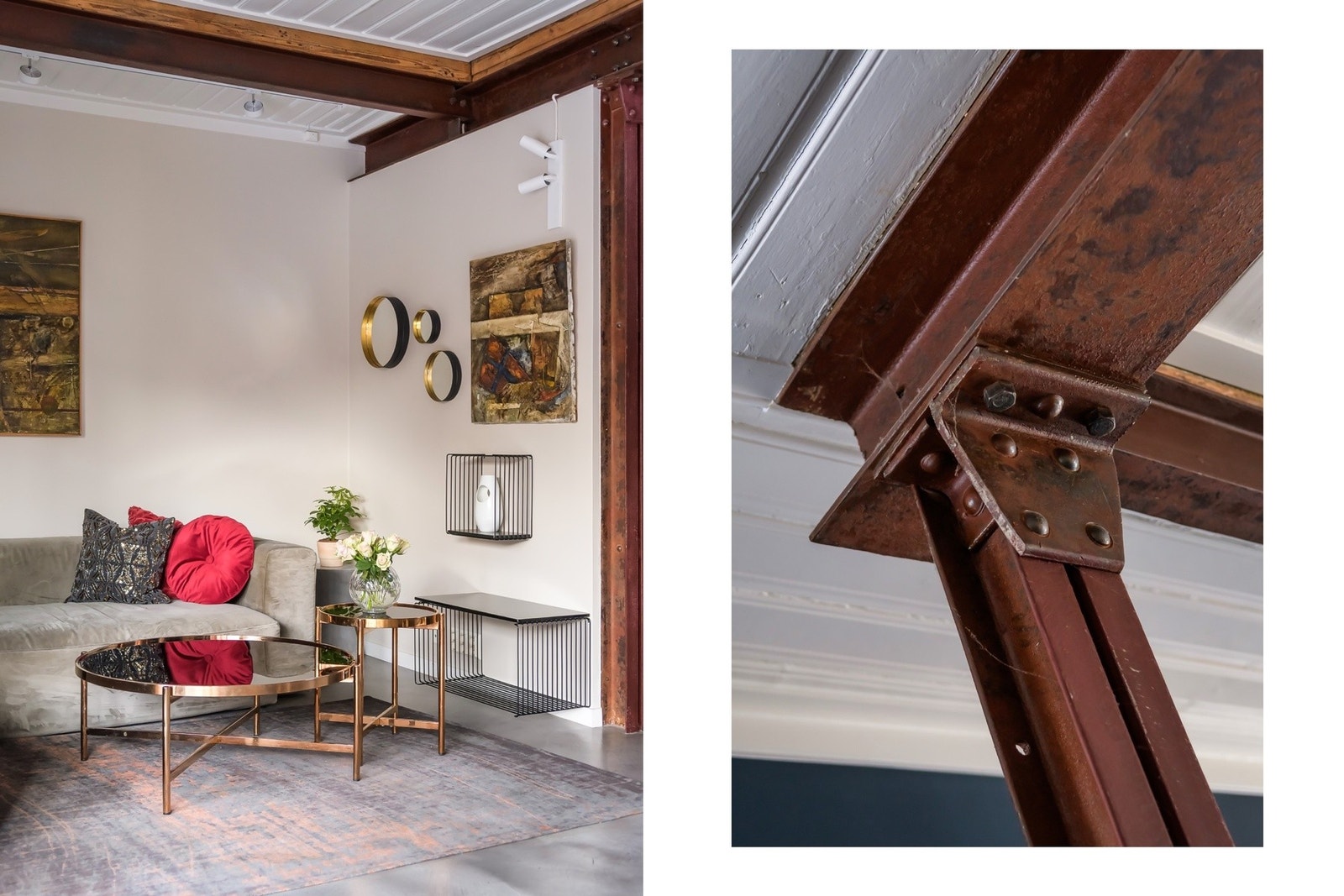 I hele første etasje er det synlige, klassiske jernbjelker oppunder taket. Galleribilde