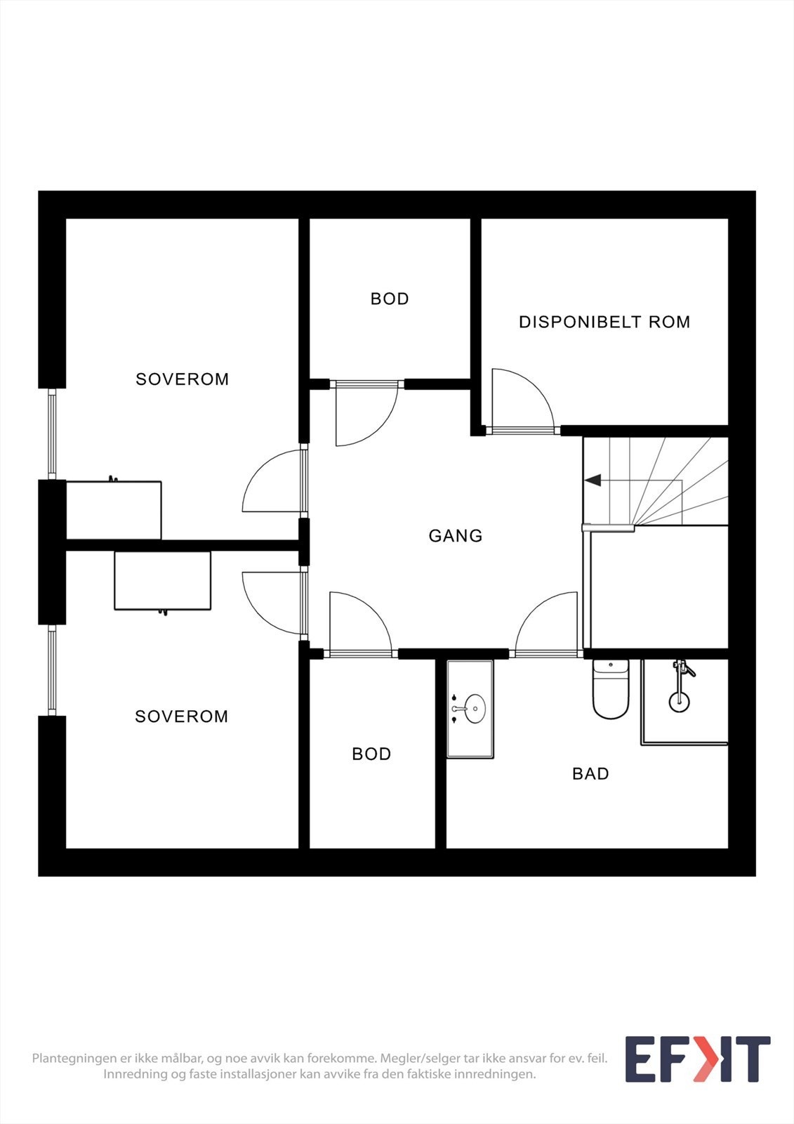 Loftsetasjen inneholder gang, bad, to soverom og boder for ekstra lagringsplass Galleribilde