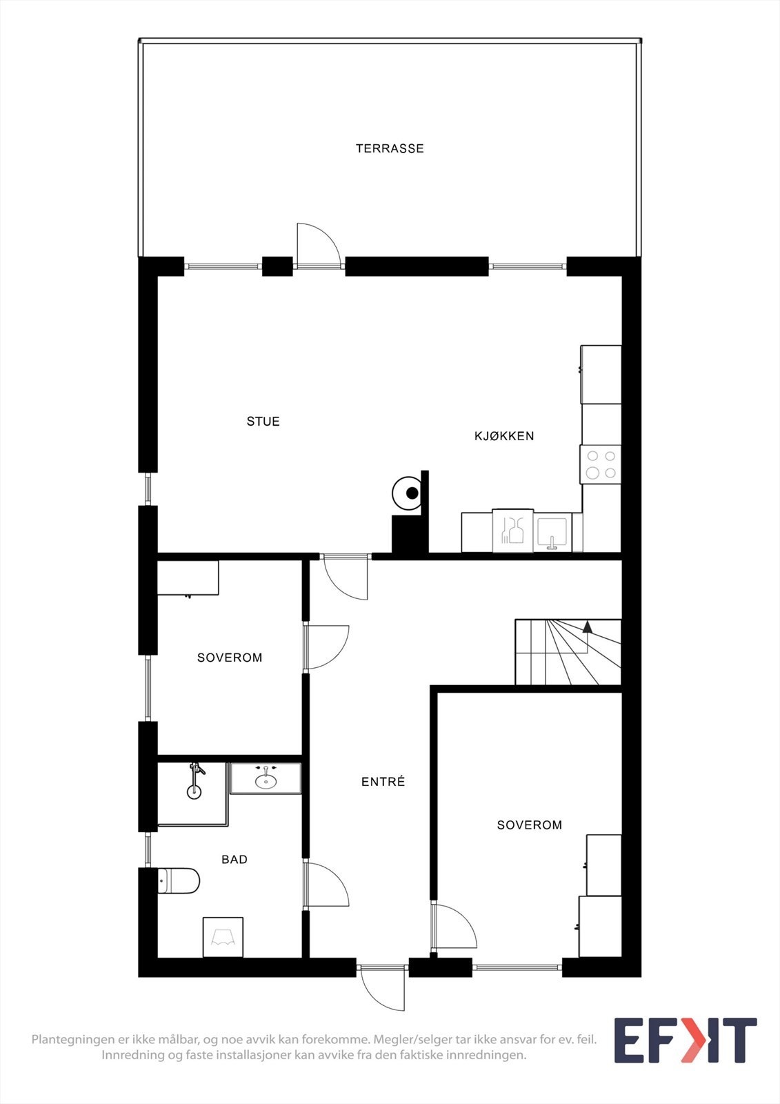 Første etasje har en arealeffektiv planløsning med to soverom, bad og åpen stue-kjøkkenløsning. Galleribilde
