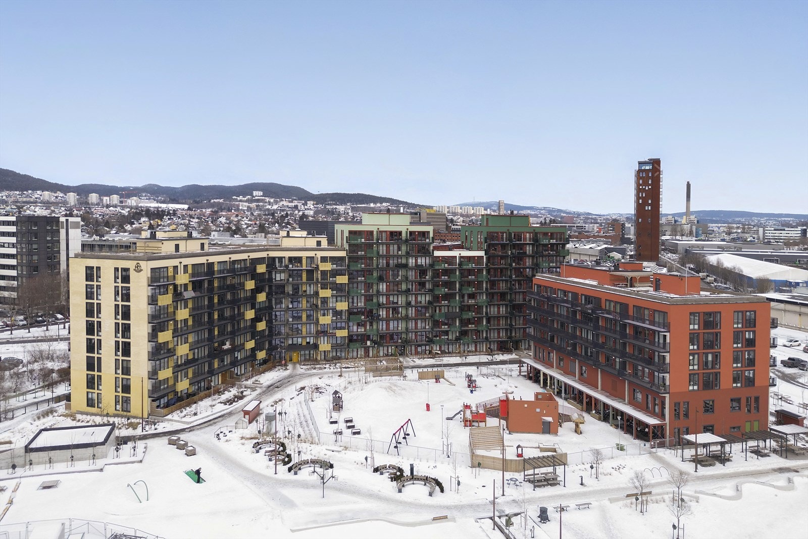 Oversiktsbilde av bebyggelsen på Ulven - et område i sterk utvikling. Galleribilde