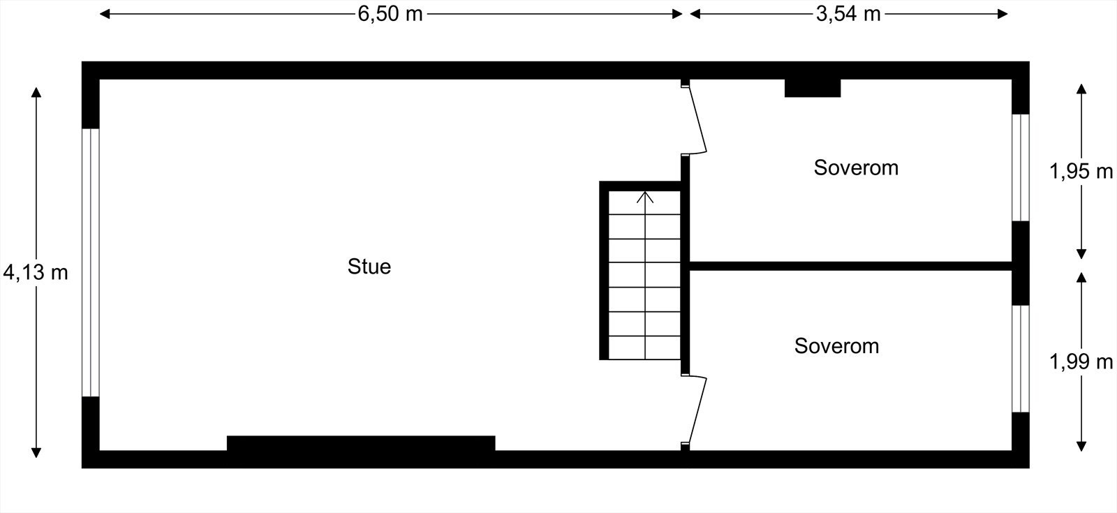 Planløsning 2. etasje: Stue, to soverom. Boligen har to boder med en samlet størrelse på 4 kvm. Galleribilde