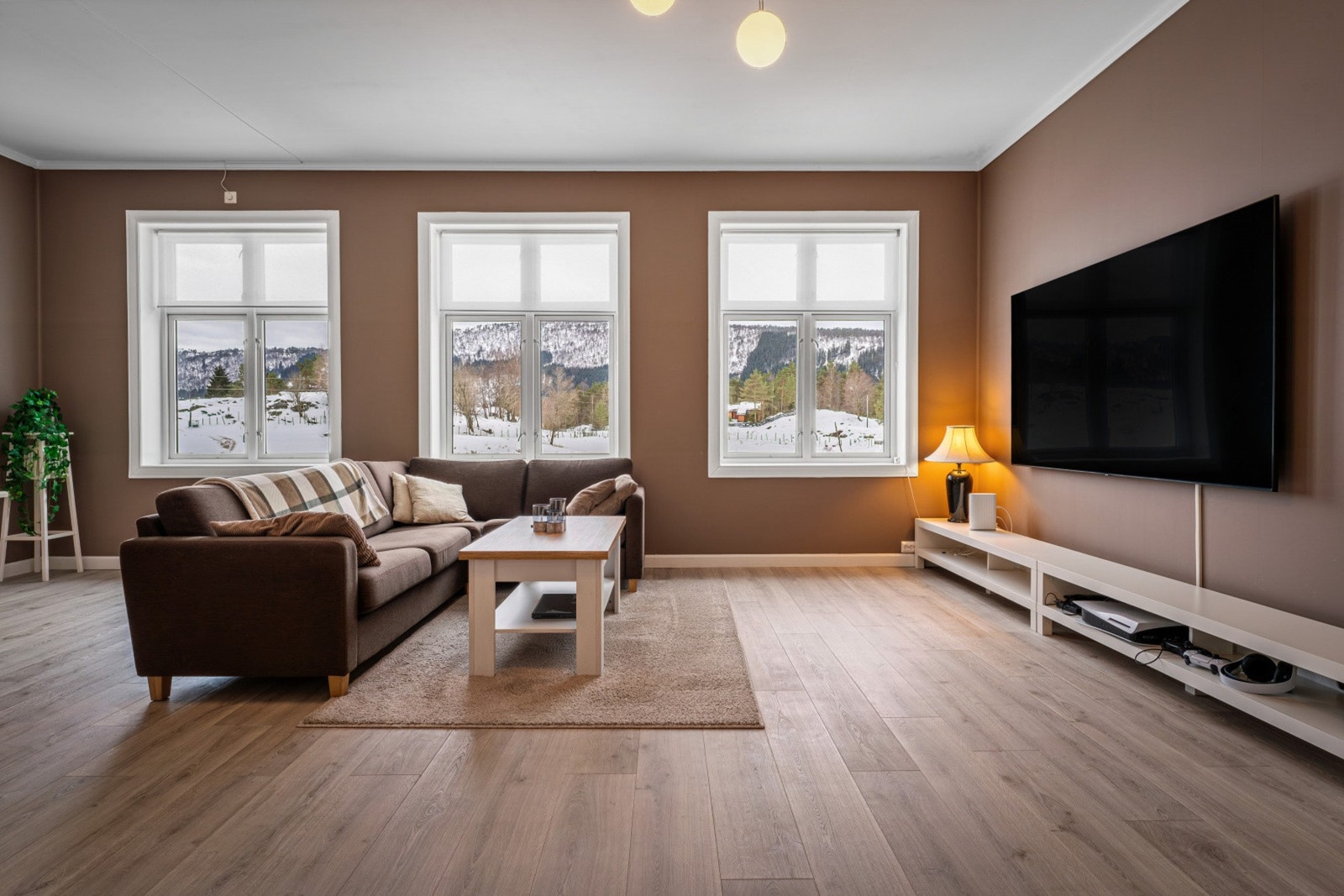 - Stuen har god plass til møblering i ulike soner med spisebord, sofa og tv-seksjon - Galleribilde