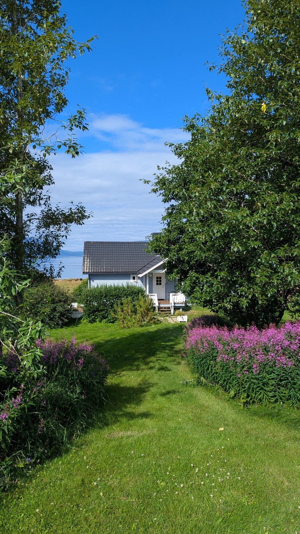 Privat bilde. Adkomst, fasade og deler av den flotte hagen. Galleribilde