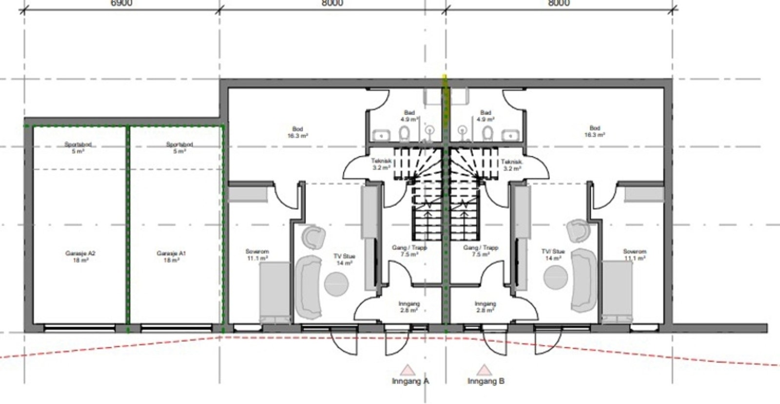 Plantegning u. etg. Det er boligen til venstre på bildet som selges. Galleribilde