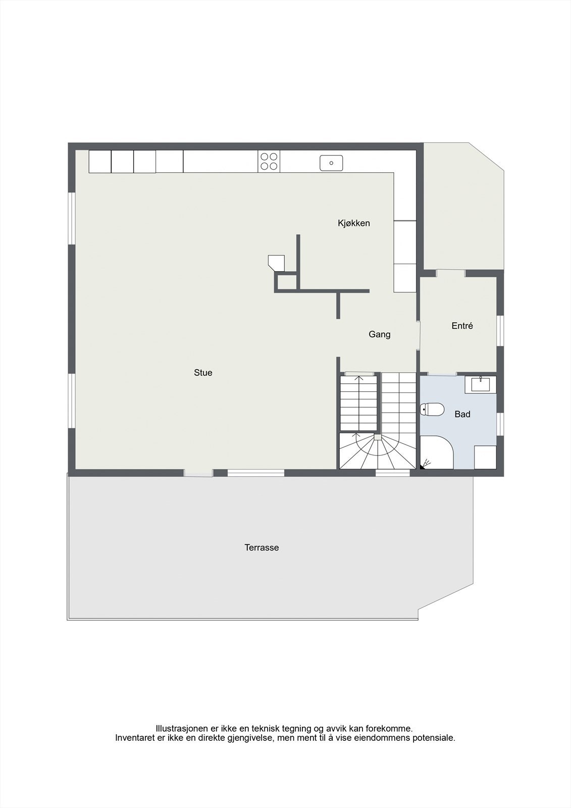 Første etasje har en sosial planløsning med åpen stue/kjøkken, bad/vaskerom og entré. Galleribilde