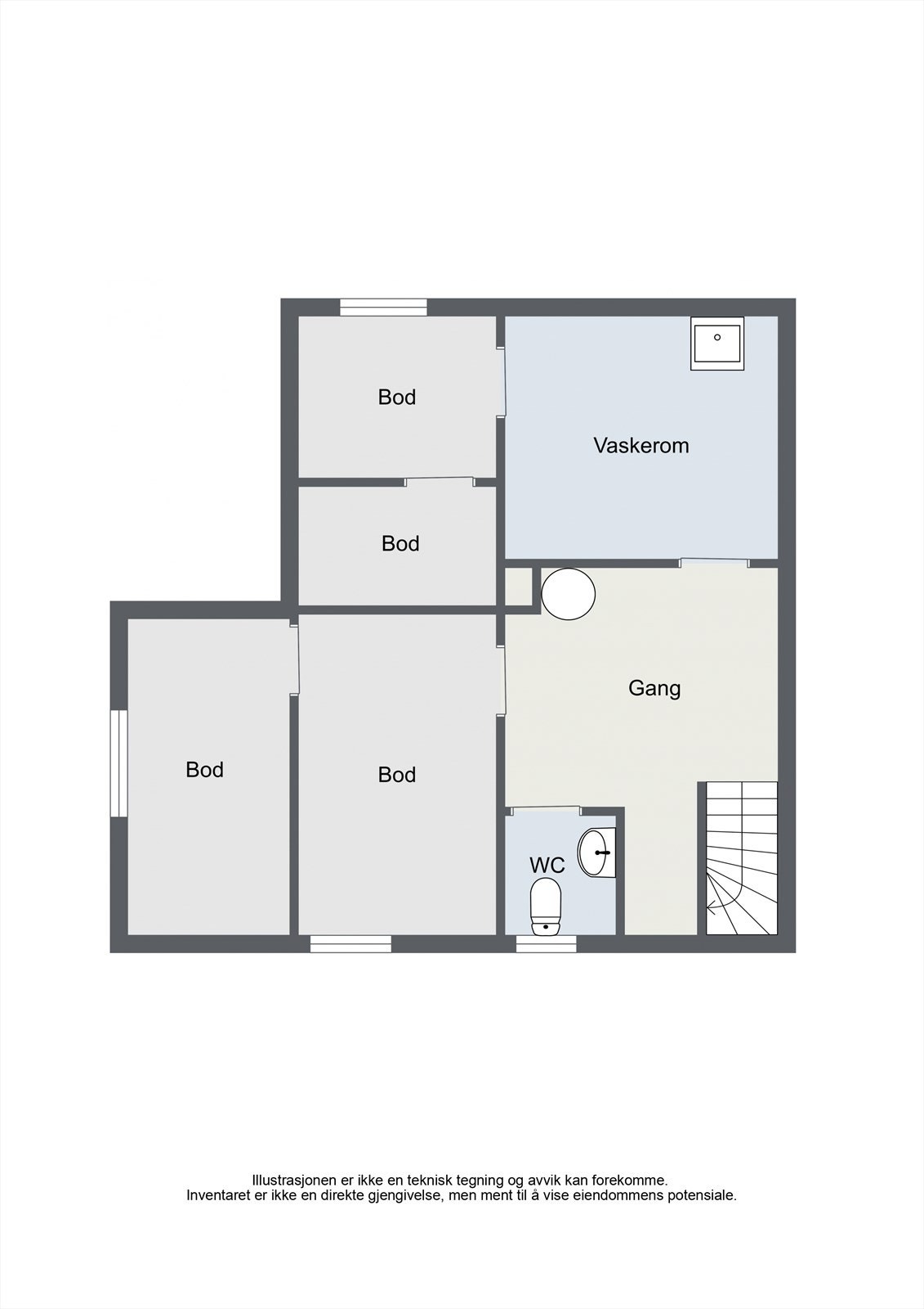 Kjelleren rommer gang, toalettrom, vaskerom og fire praktiske boder for rikelig med lagringsplass. Galleribilde