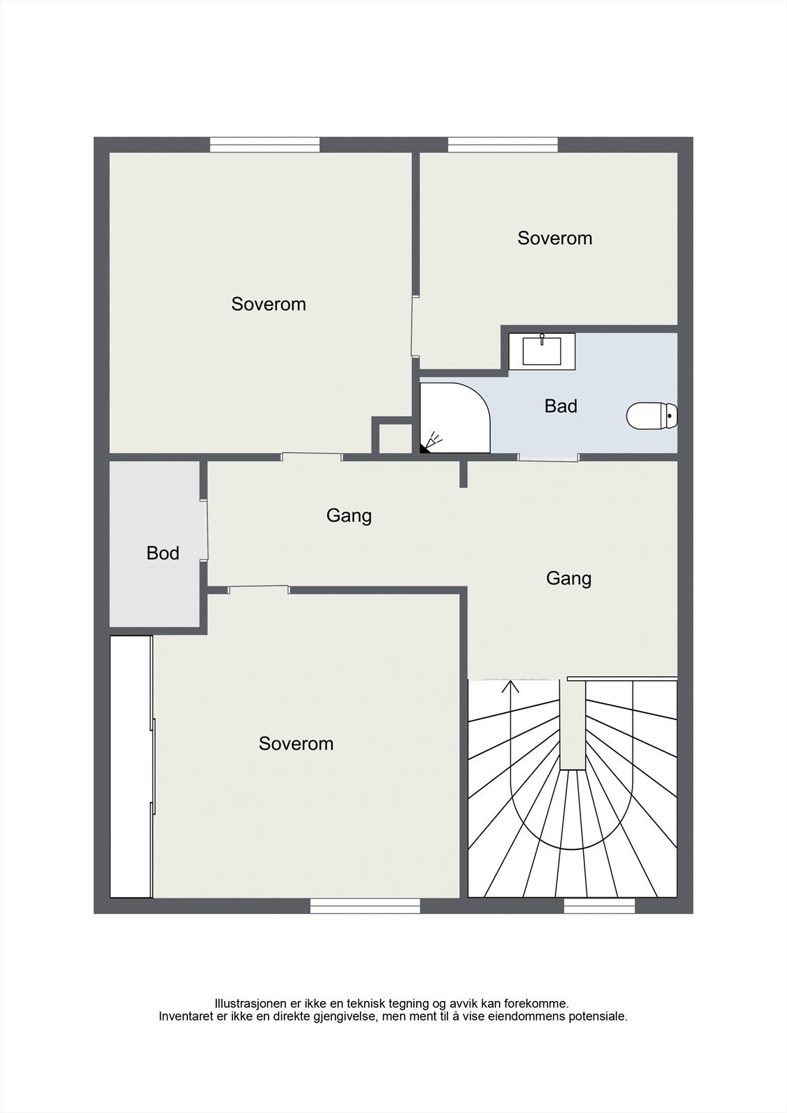 2.etasje inneholder gang, bod, to soverom, kontor og bad. Galleribilde