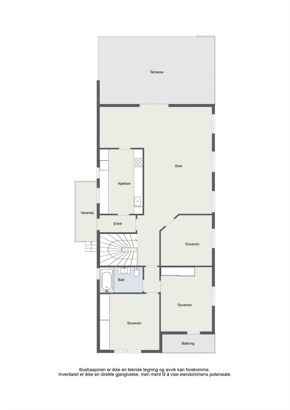 Hovedetasjen har en god planløsning med stue, kjøkken, tre soverom og bad. Galleribilde