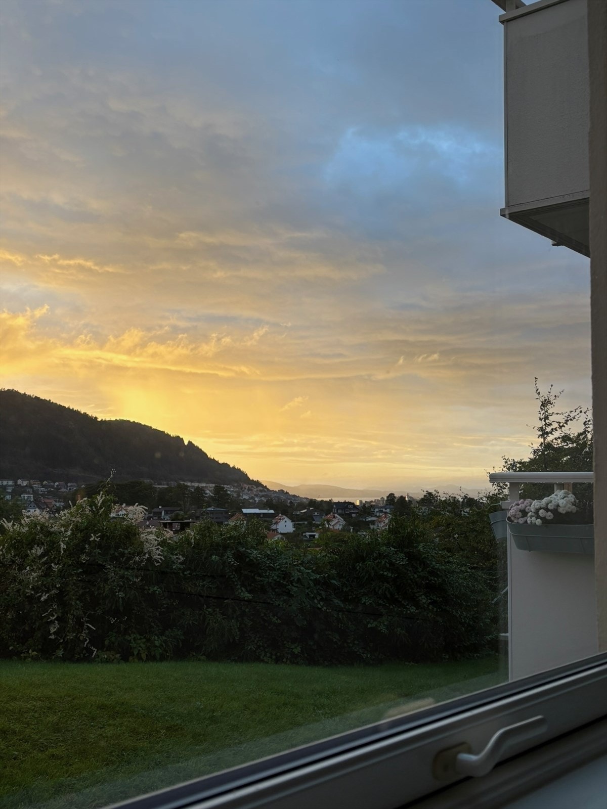 Utsikt en fra stuevinduet i flott lysspill i kveldssolen. Galleribilde